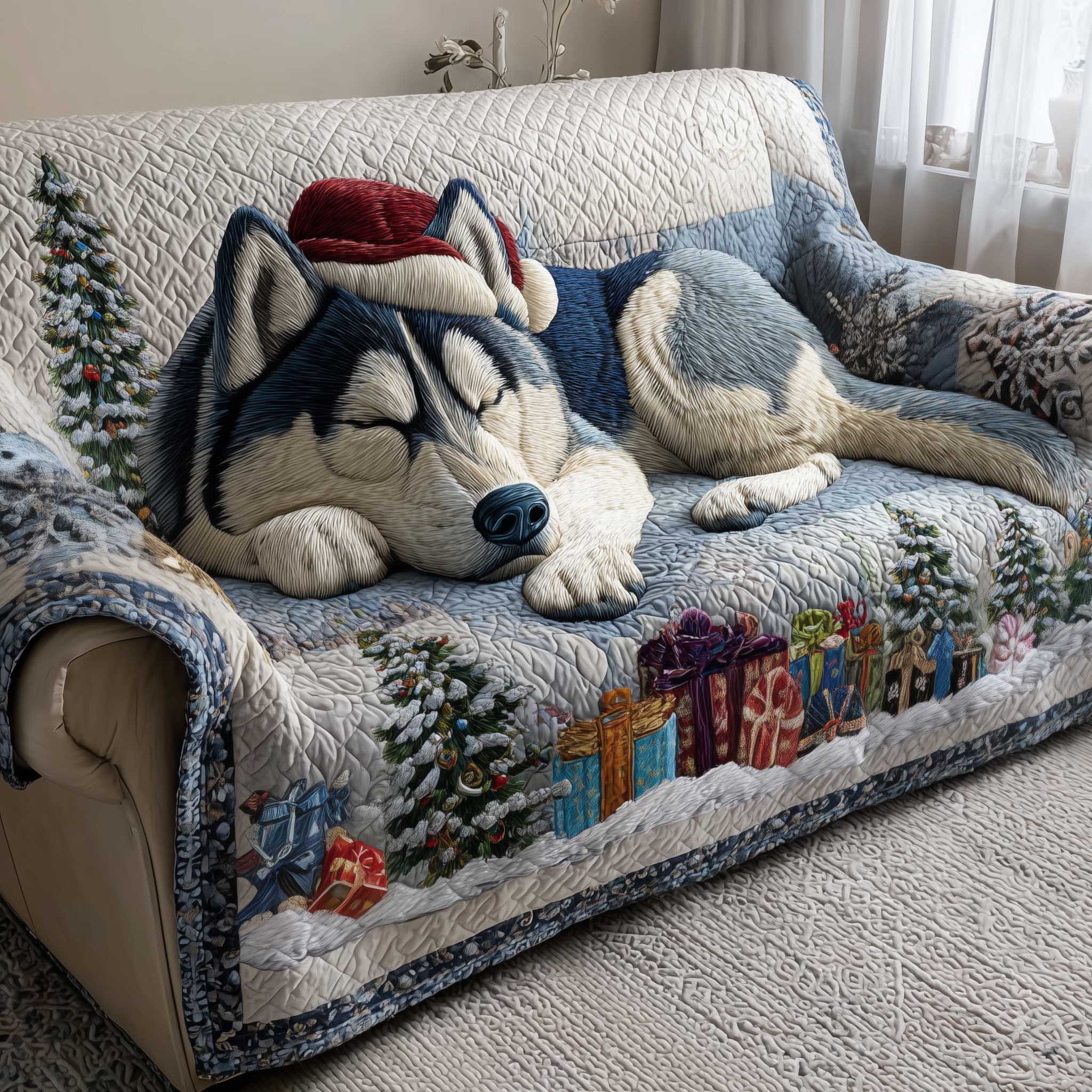 Jolly Husky Quilted Sofa Cover Festive Siberian Funny Dog Christmas Gifts For Husky Lover