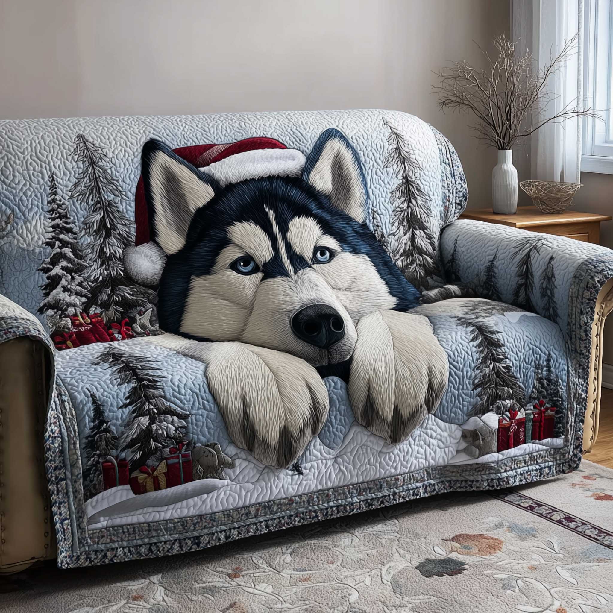 Jolly Husky Quilted Sofa Cover Happy Dog Design Christmas Gifts For Husky Lover