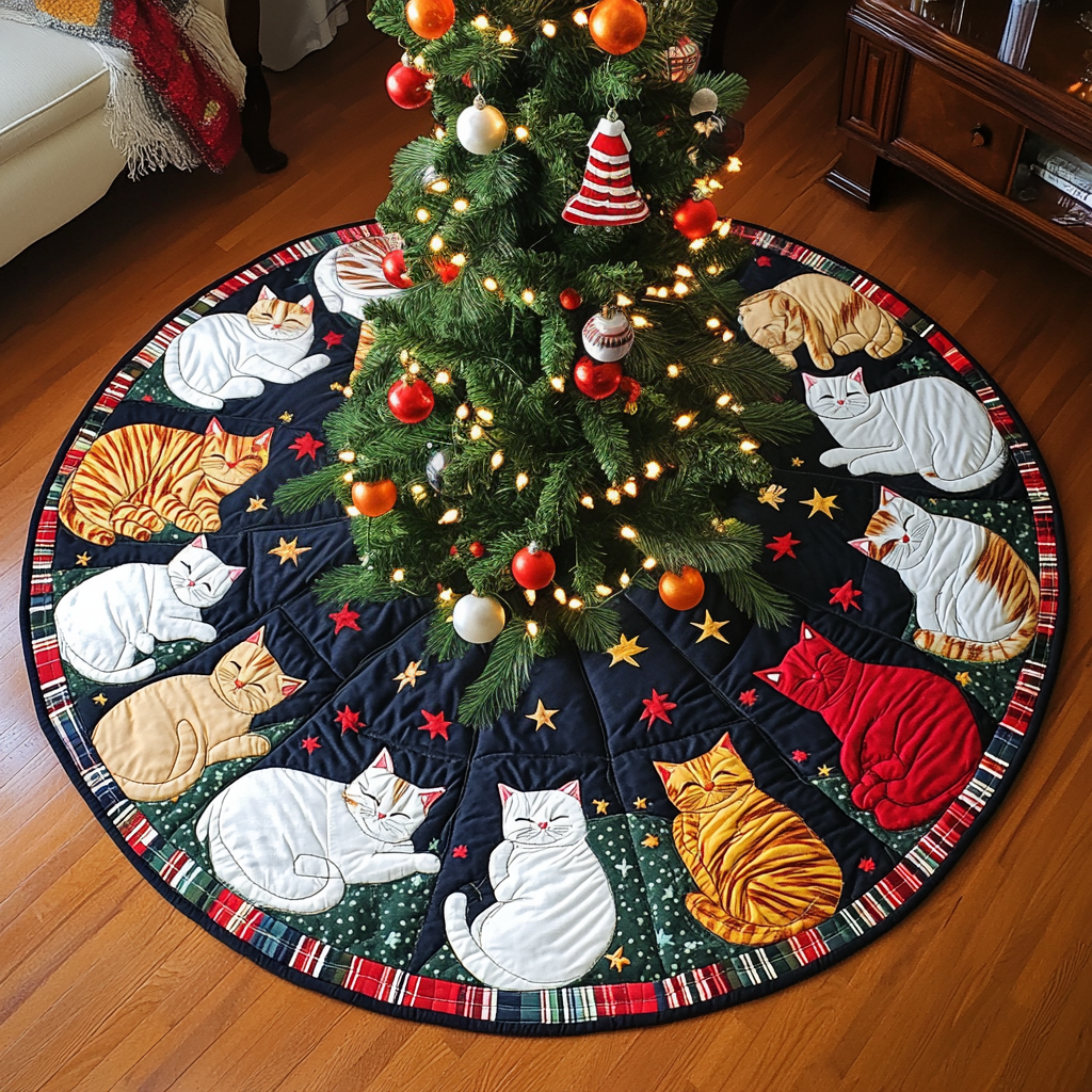 Jolly Kitty Joy Christmas Quilted Tree Skirt Special Holiday Tree Skirt Gift for Newlyweds