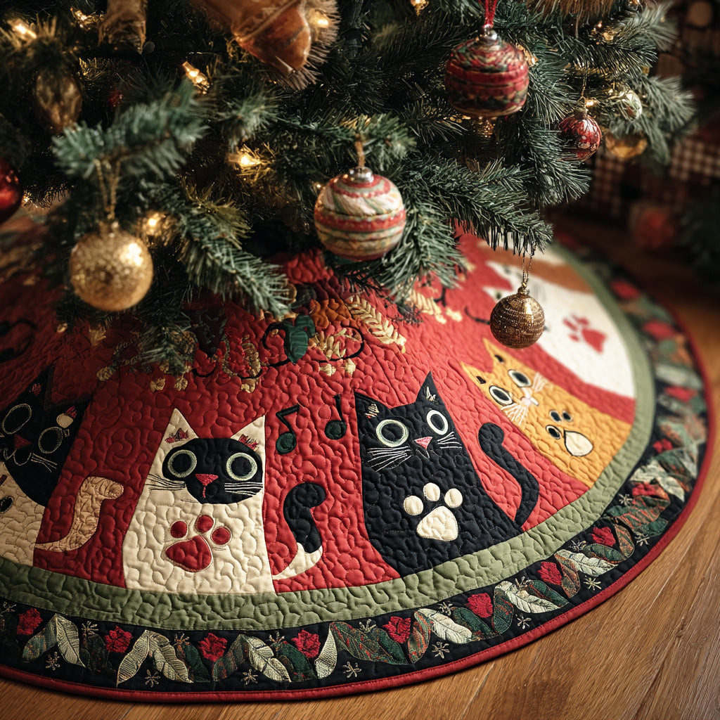 Jolly Meow Christmas Quilted Tree Skirt Festive Decor Funny Cat Christmas Gifts