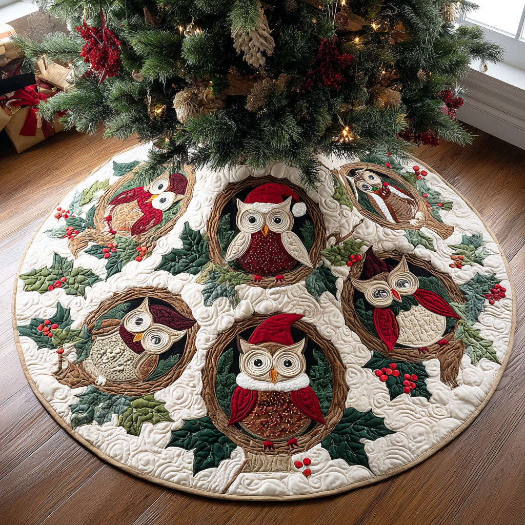 Jolly Owl Glow Christmas Quilted Tree Skirt Holiday Decor Owl Lover Christmas Gifts