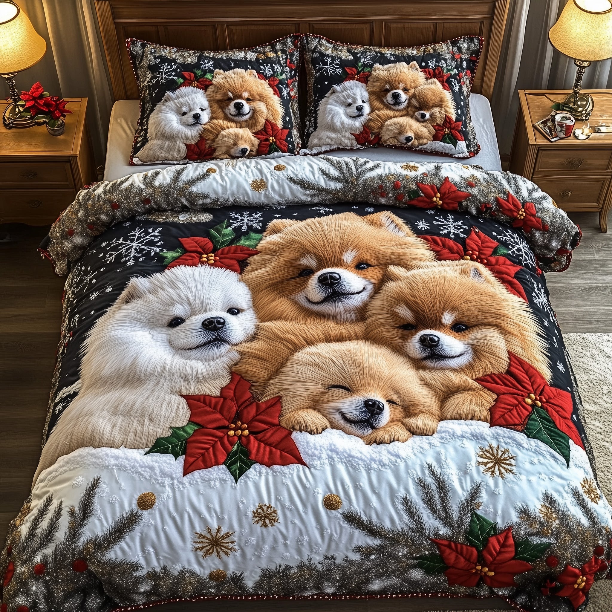 Jolly Pomeranian Christmas Quilted Bedding Set Duvet Cover Bedspread Gifts For Christmas