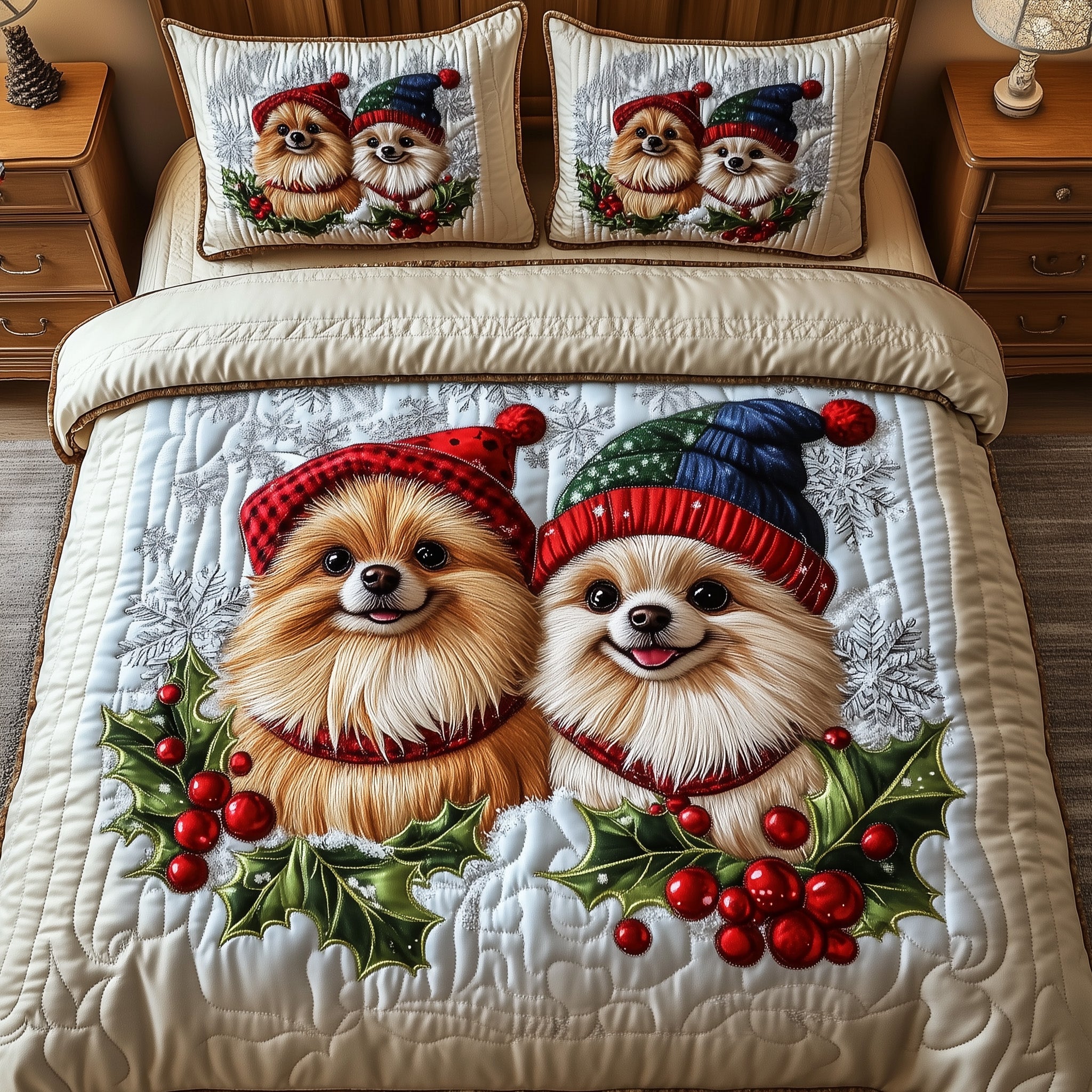 Jolly Pomeranian Christmas Quilted Bedding Set Duvet Cover Bedspread Xmas Gifts For Dog Lovers