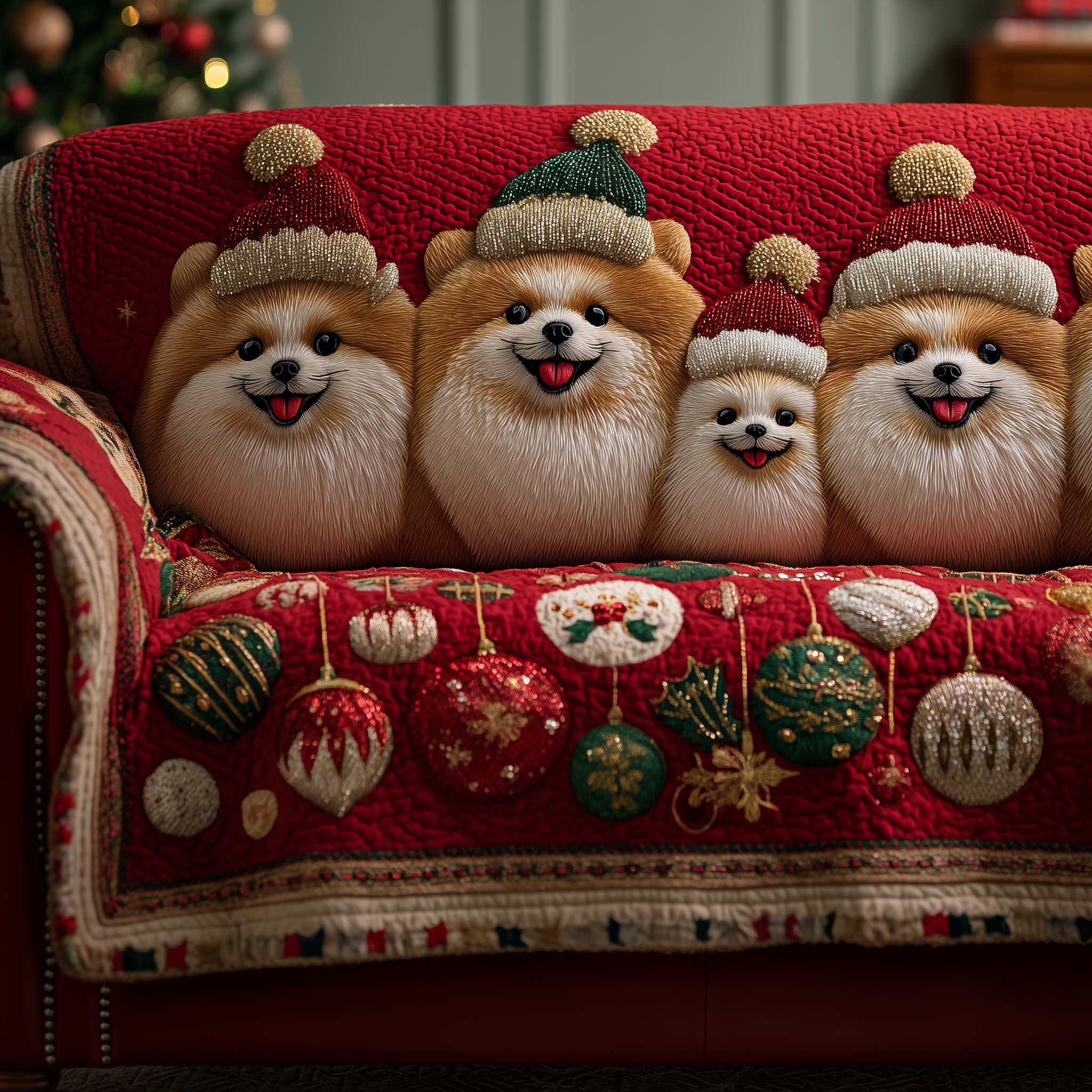 Jolly Pomeranian Quilted Sofa Cover Adorable Puppy Guard Gifts With Pomeranian On Them