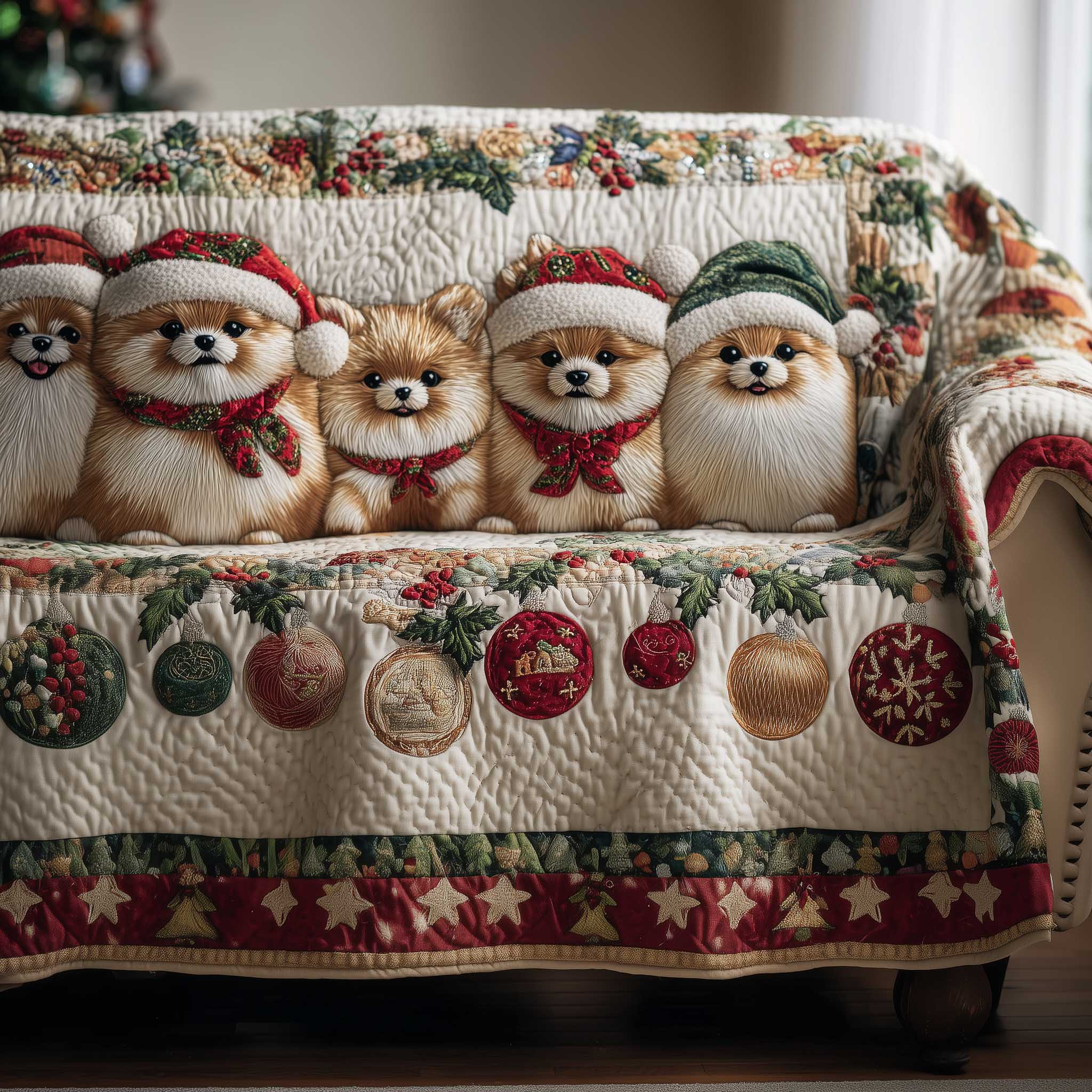 Jolly Pomeranian Quilted Sofa Cover Cheerful Pom Dog Holiday Gifts With Pomeranian On Them