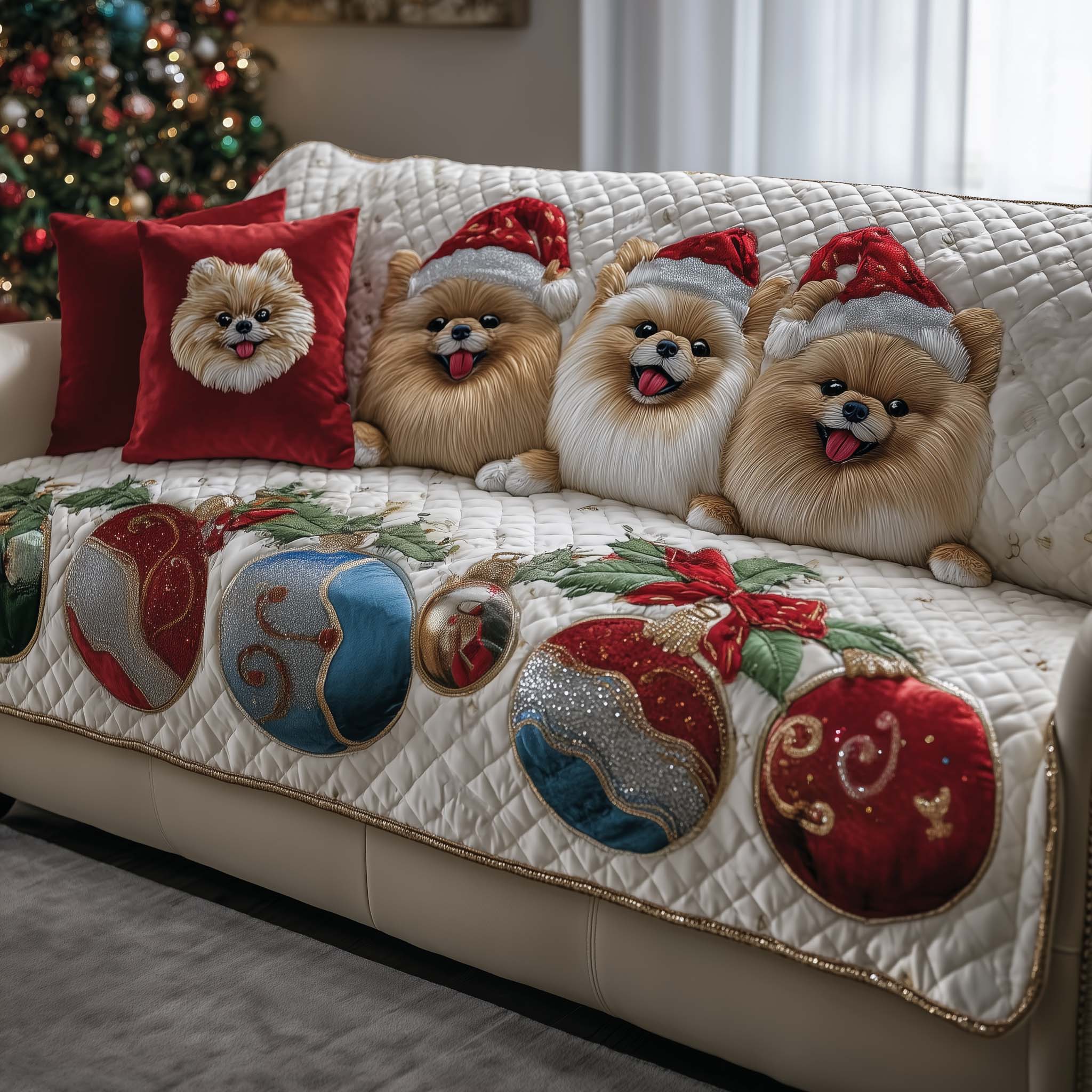 Jolly Pomeranian Quilted Sofa Cover Soft Fluff Dog Theme Sofa Cover Gifts With Pomeranian On Them