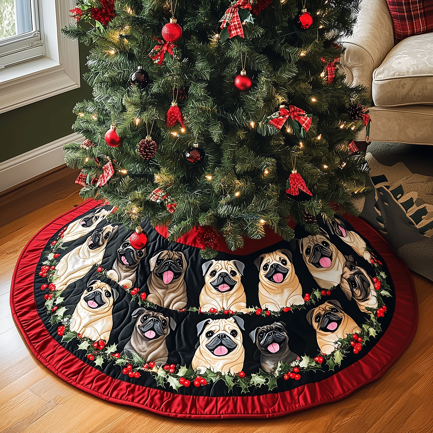 Jolly Pug Christmas Quilted Christmas Tree Skirt Custom Christmas Tree Skirt Merch for Your Family