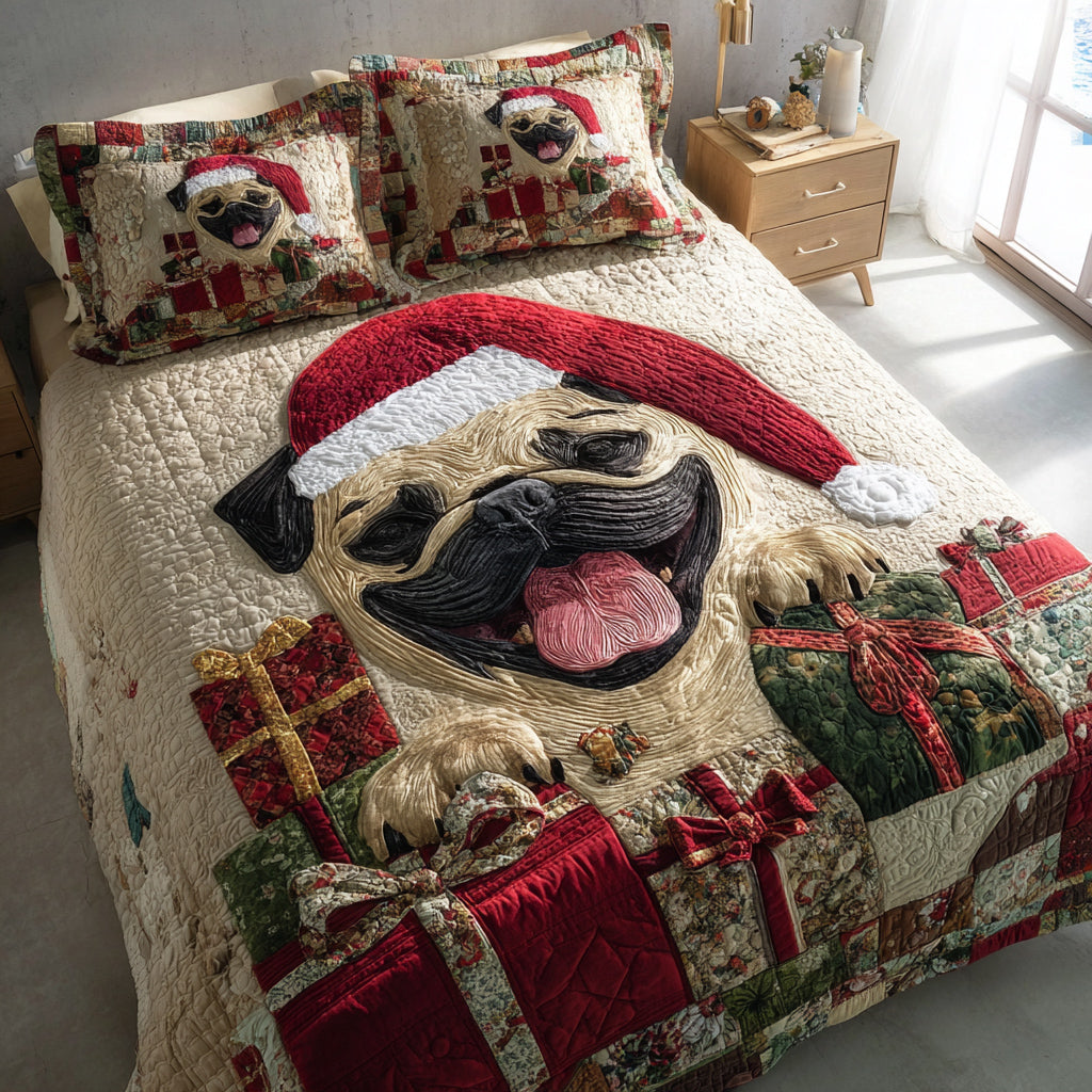 Jolly Pug Present Quilted Bedding Set Best Christmas Duvet Cover Set Pug Secret Santa Gifts