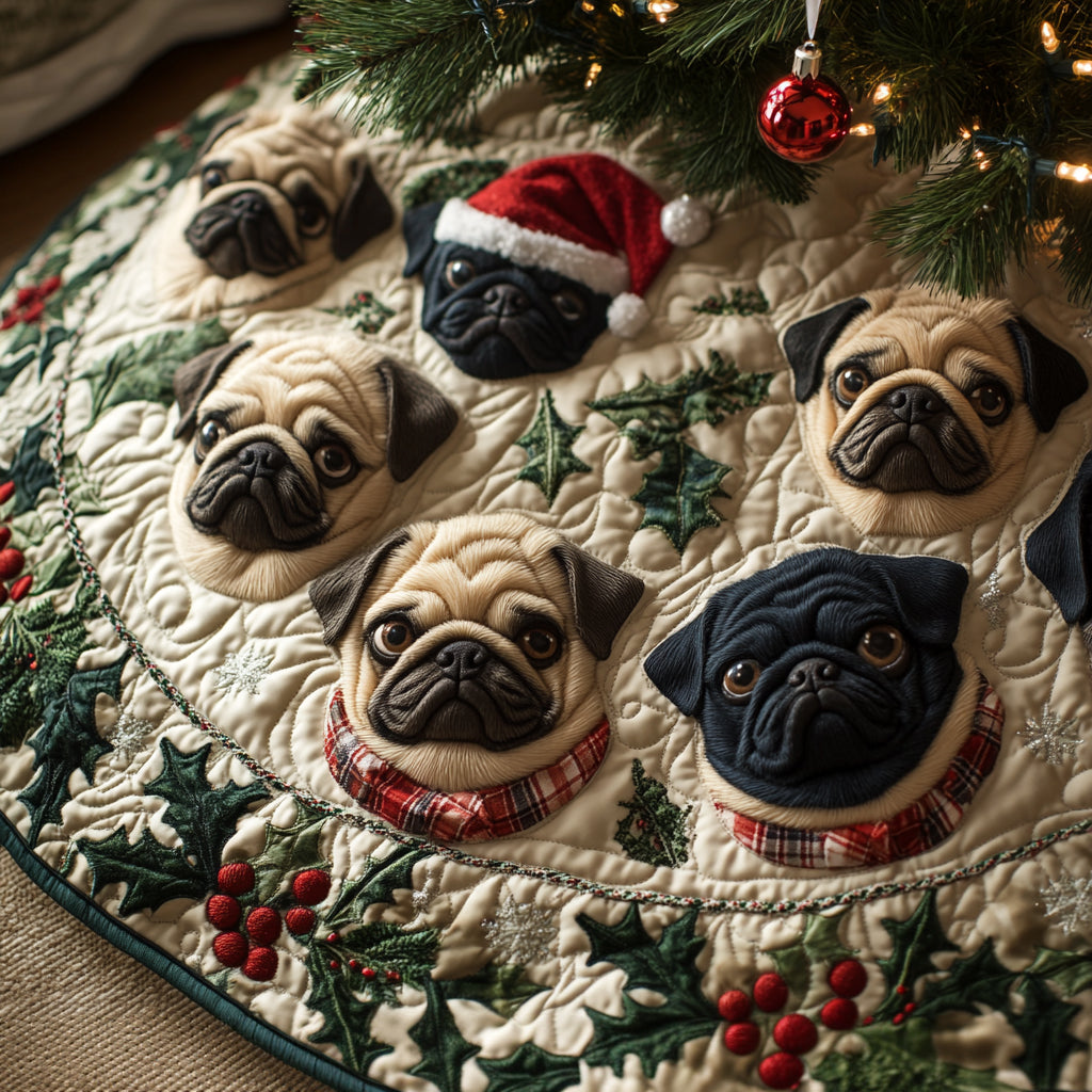 Jolly Pug Quilted Christmas Tree Skirt Classic Red and White Tree Skirt for Traditional Decor