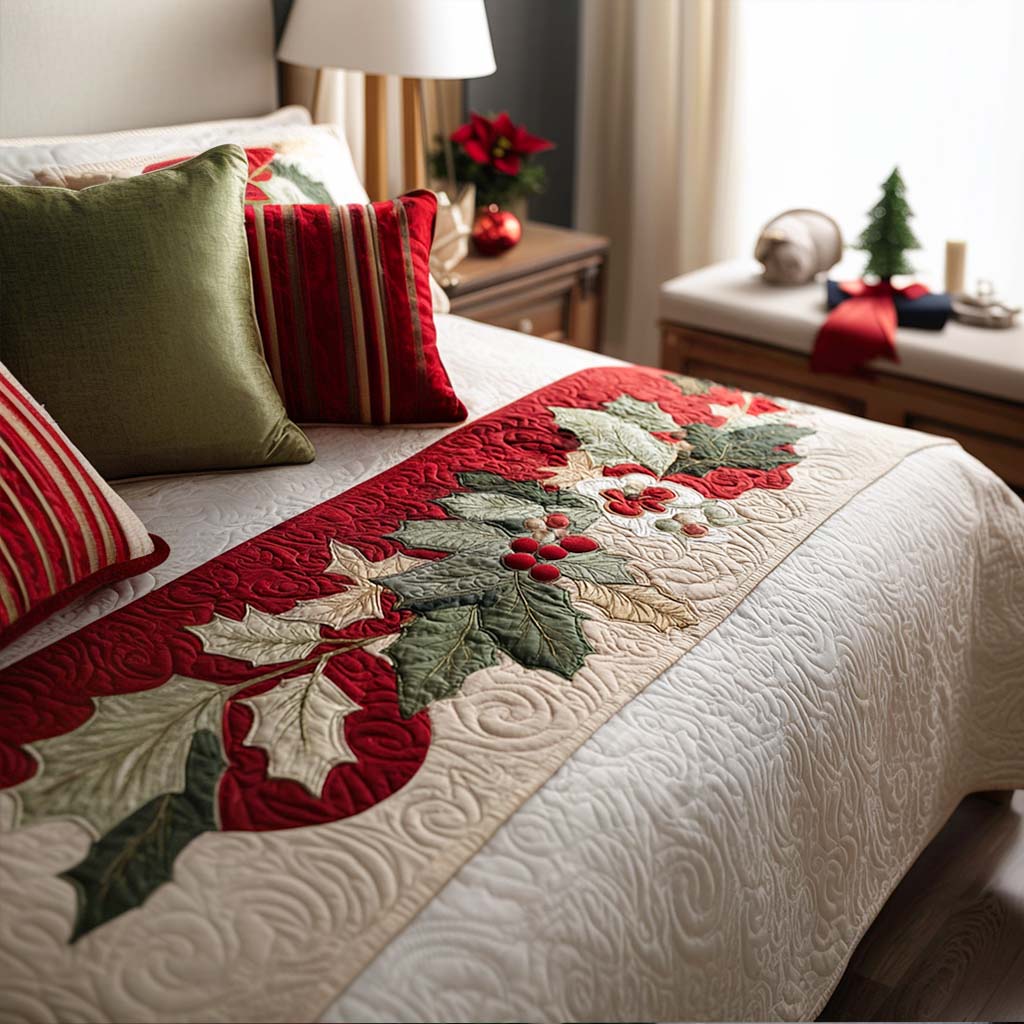 Jolly Red and Green Quilted Bed Runner Bedroom Holiday Decor Christmas Gifts
