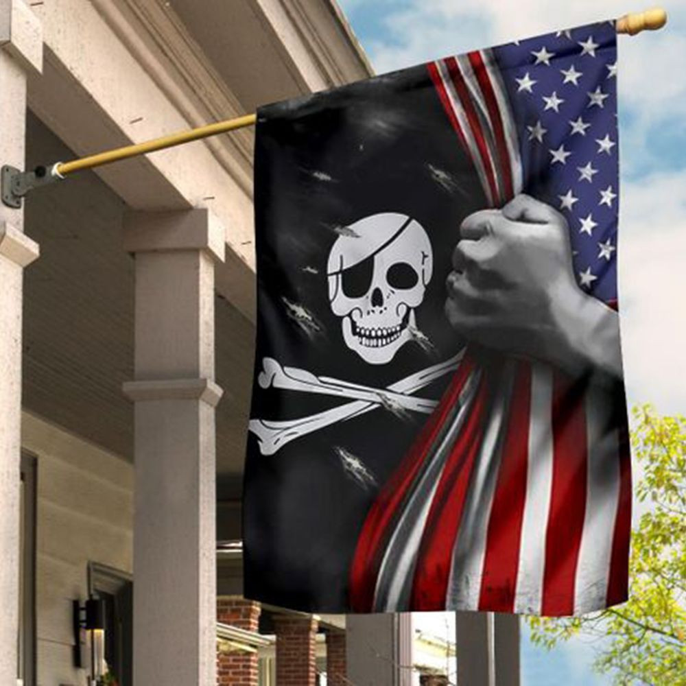 Jolly Roger Pirate Flag Inside American Flag Halloween Ornaments For Outdoor Decorations