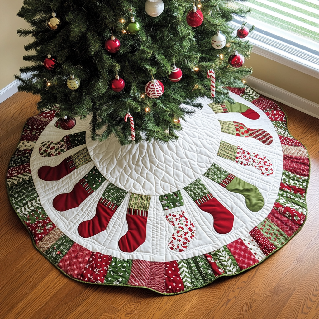 Jolly Round Christmas Quilted Tree Skirt Heartwarming Christmas Tree Skirt Gift for Loved Ones