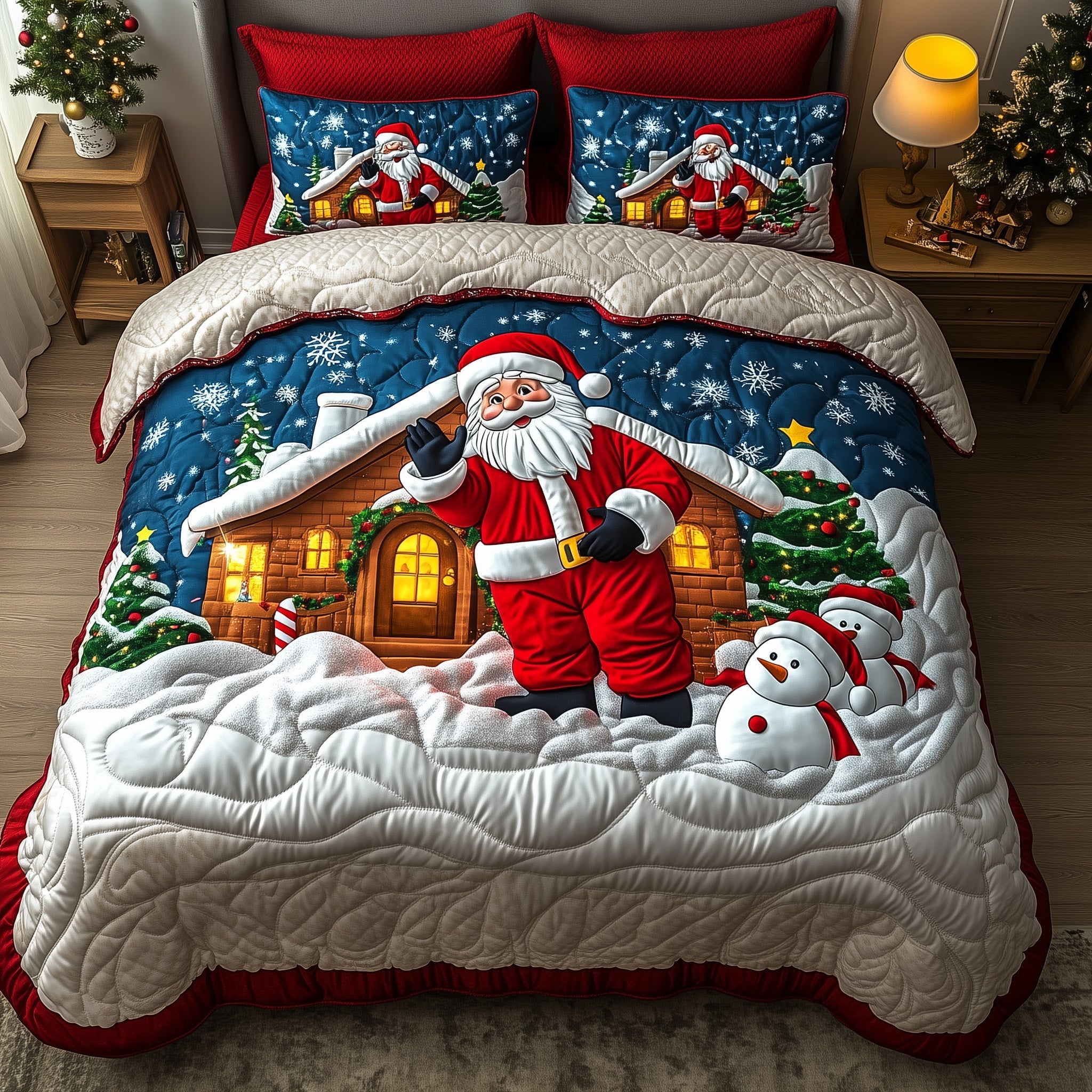Jolly Santa Christmas Quilted Bedding Set Duvet Cover Bedspread Cute Presents For Christmas