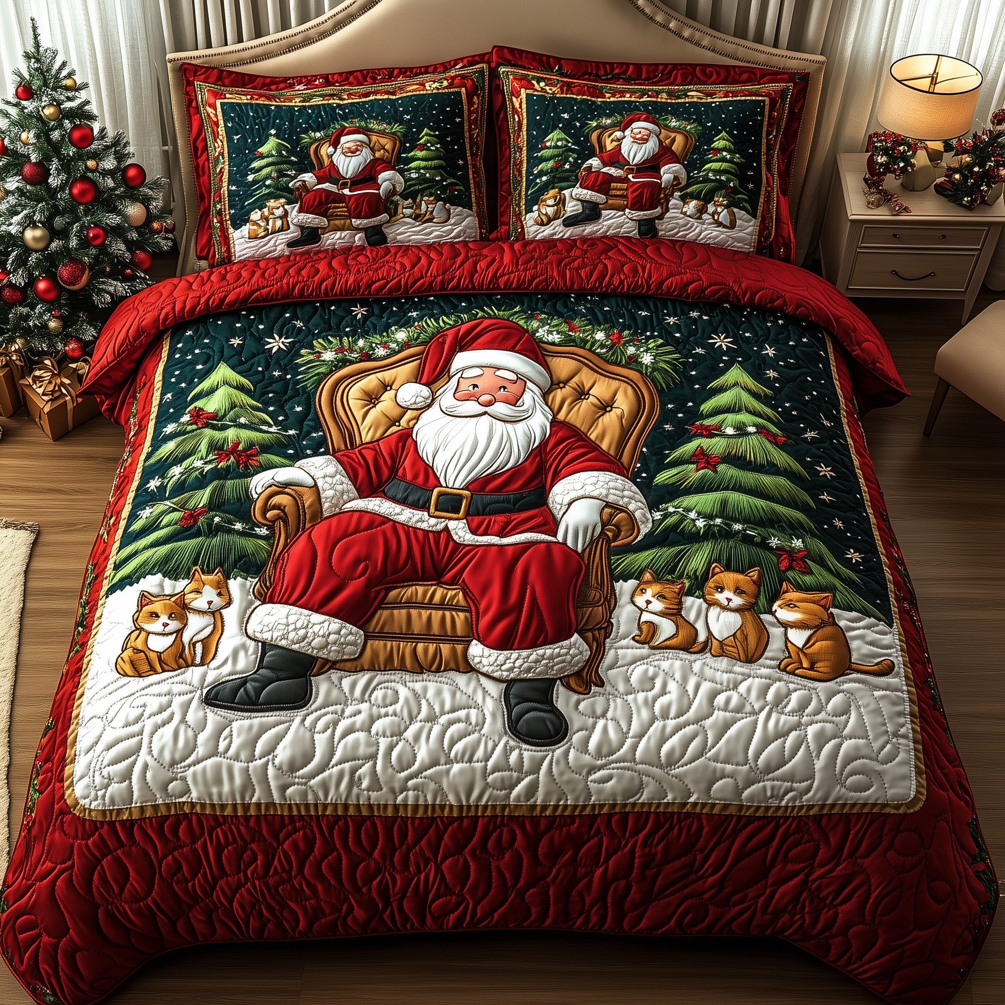 Jolly Santa Christmas Quilted Bedding Set Duvet Cover Bedspread Cute Presents For Xmas