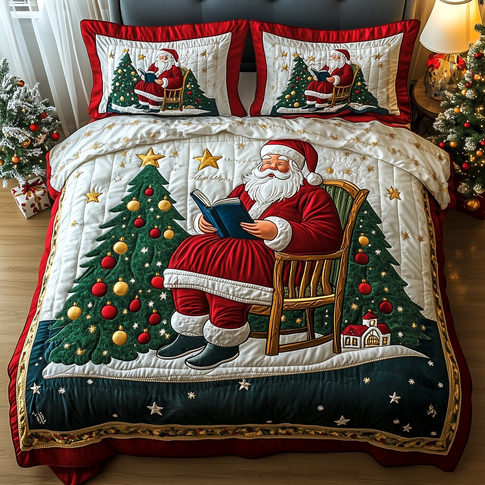 Jolly Santa Christmas Quilted Bedding Set Duvet Cover Bedspread Cute Xmas Gifts For Her