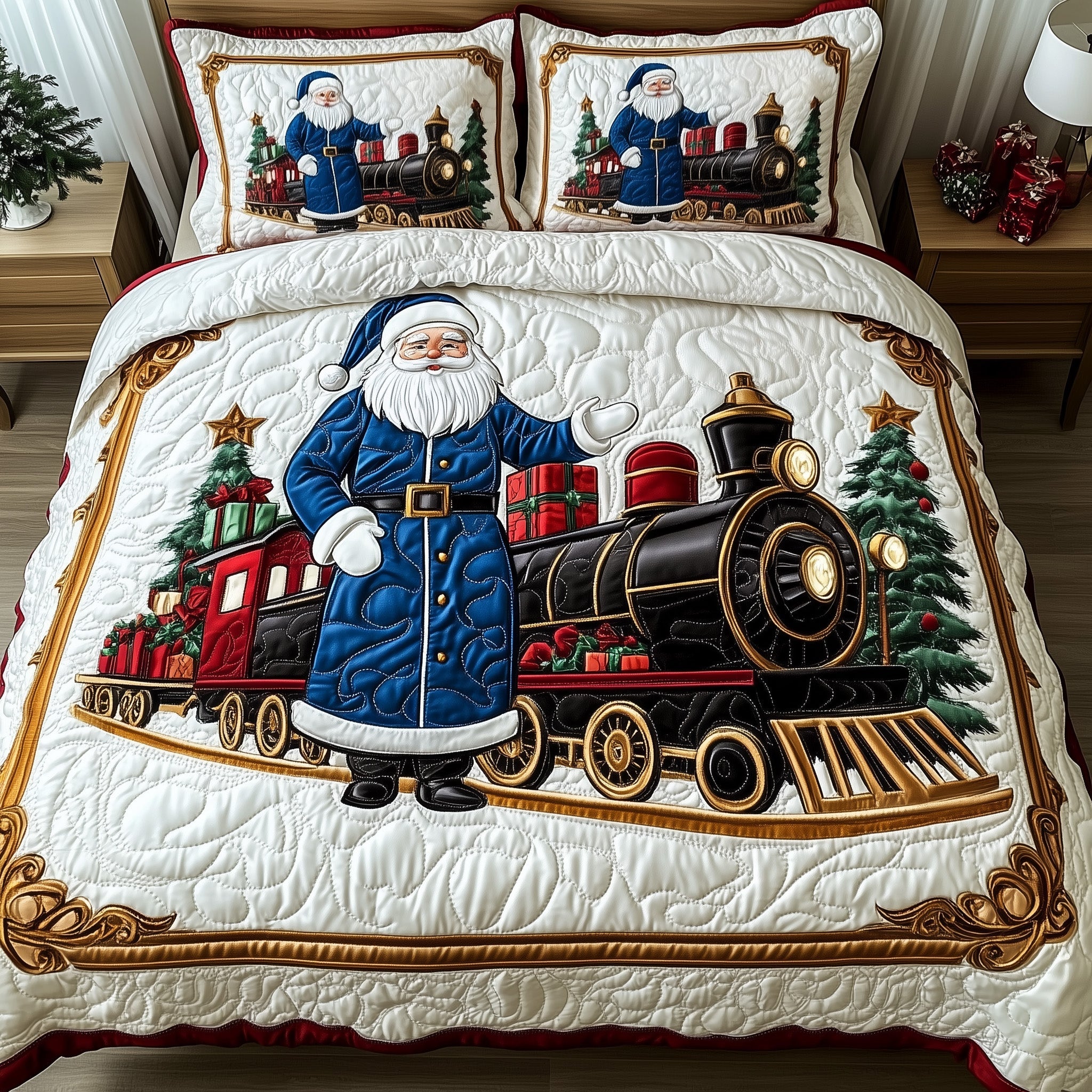 Jolly Santa Christmas Quilted Bedding Set Duvet Cover Bedspread Xmas Train Christmas Gifts