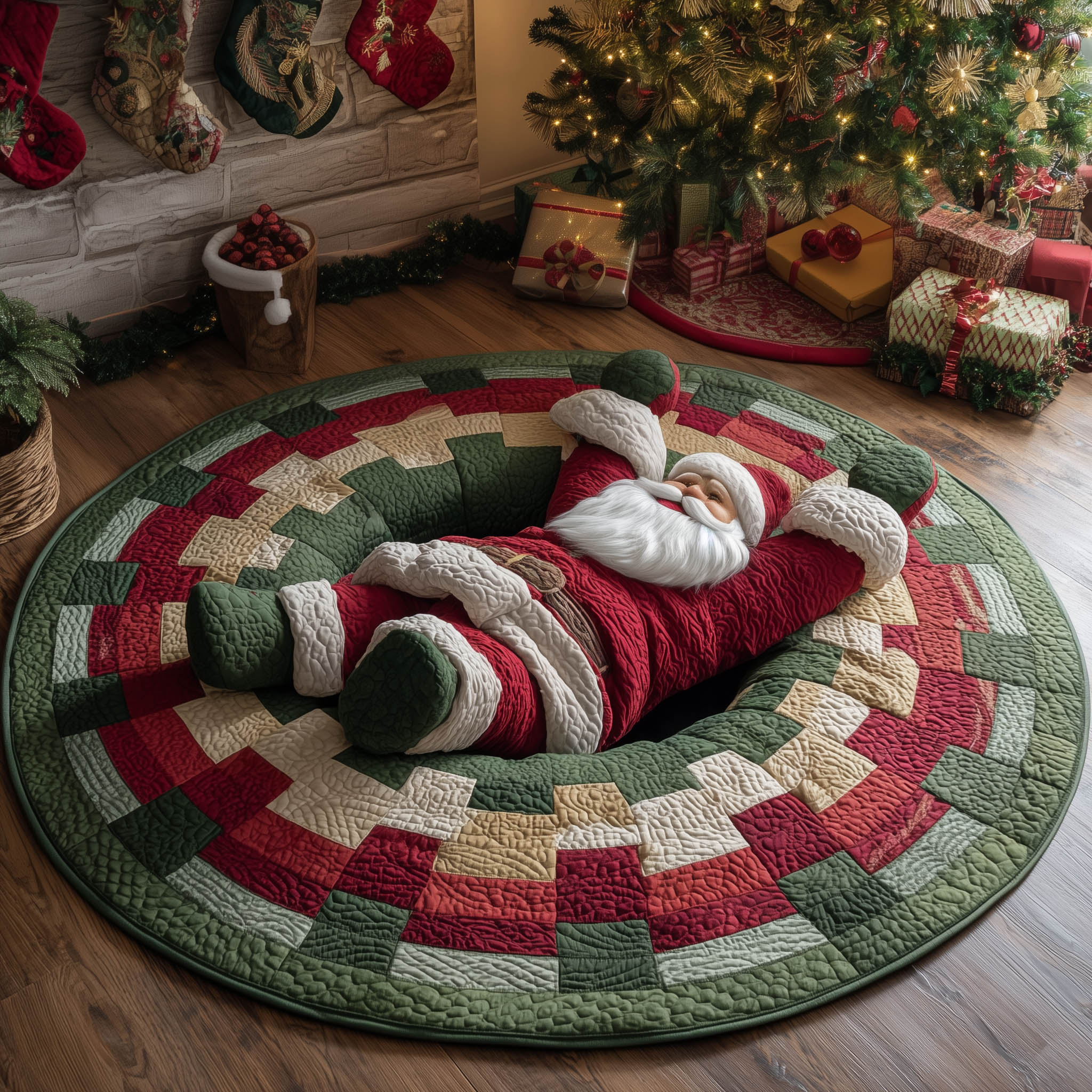 Jolly Santa Quilted Round Mat Decorative Quilted Round Mat for Elegant Spaces