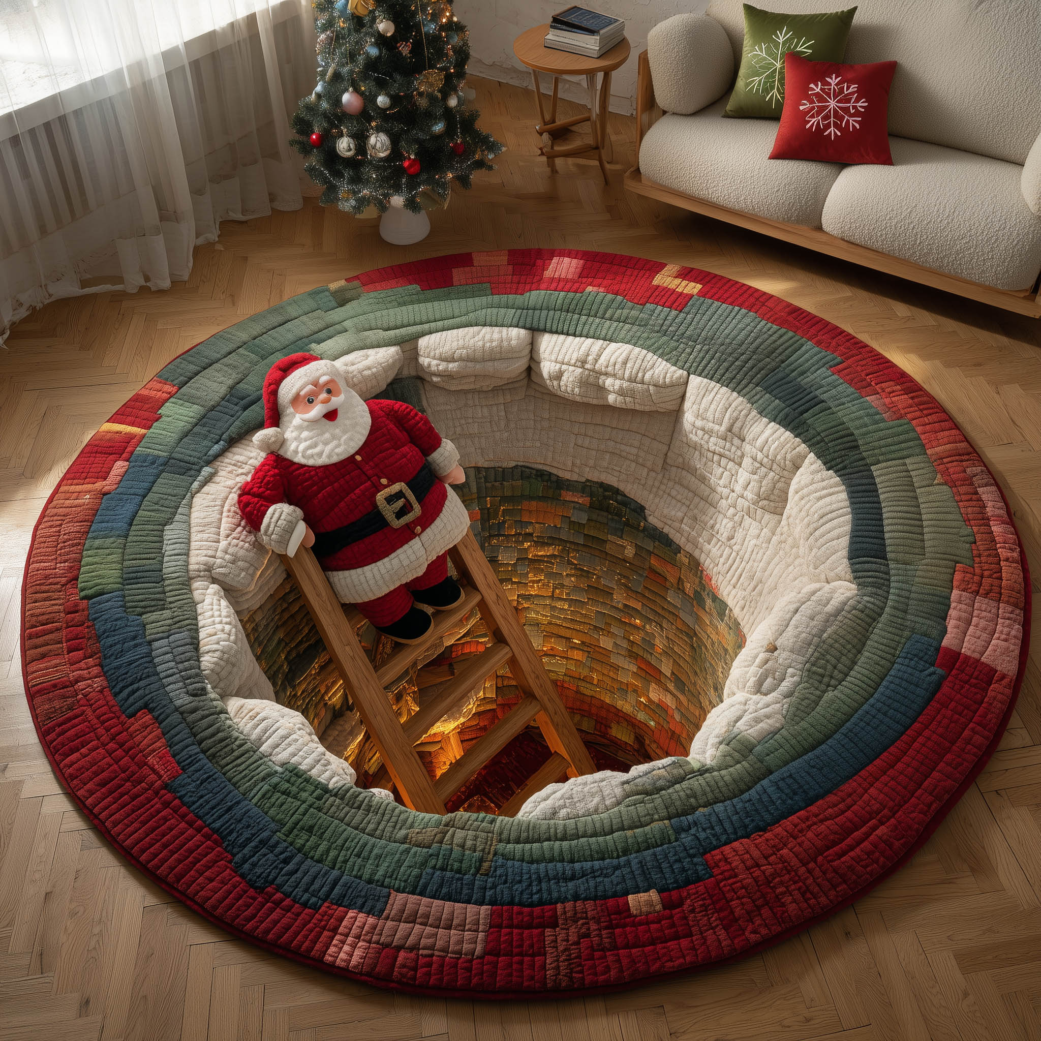 Jolly Santa Quilted Round Mat Handcrafted Quilted Round Mat for Special Touch