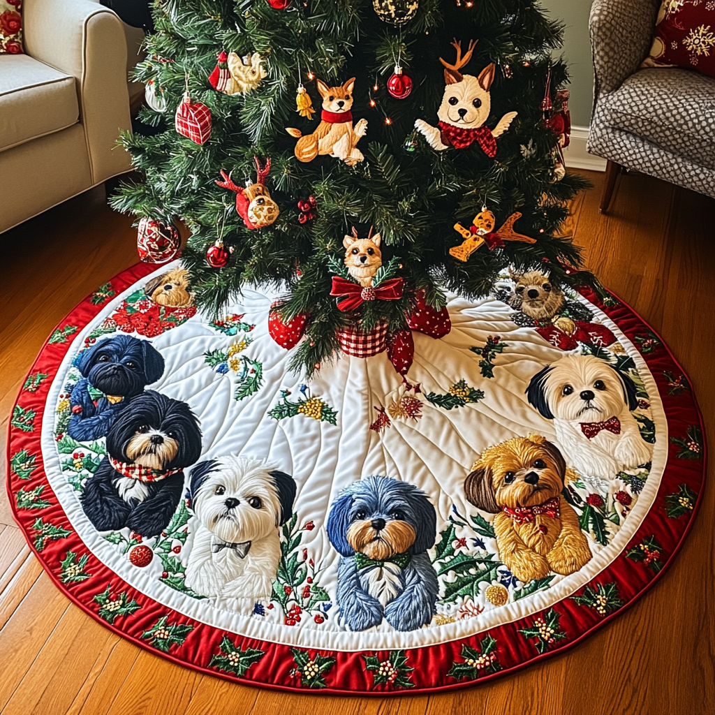 Jolly Shih Tzu Noel Christmas Quilted Tree Skirt Magical Christmas Tree Skirt to Impress Guests