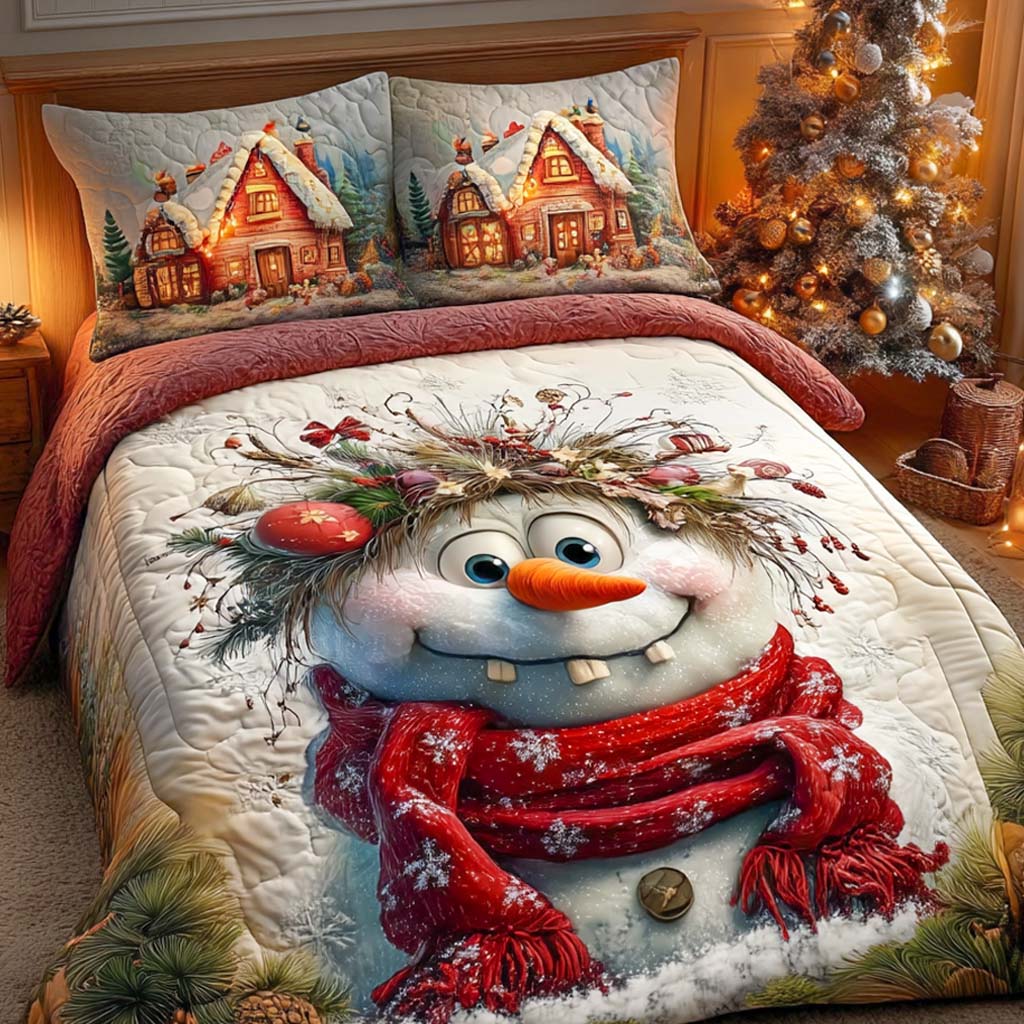 Jolly Smiles Quilted Bedding Set Holiday Duvet Cover Set Snowman Christmas Gifts