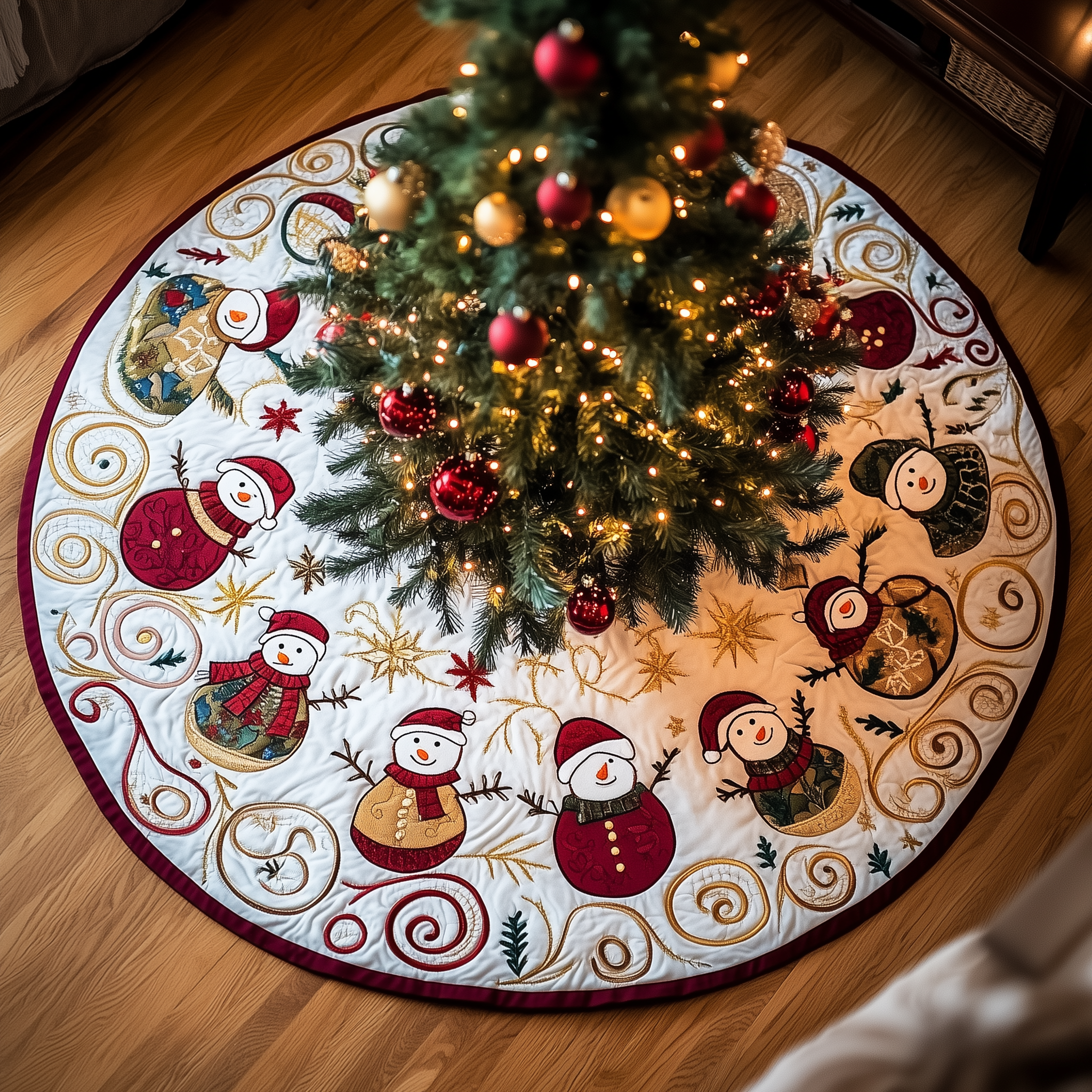 Jolly Snowman Quilted Tree Skirt Christmas Tree Base Cover Inexpensive Christmas Gifts For Family