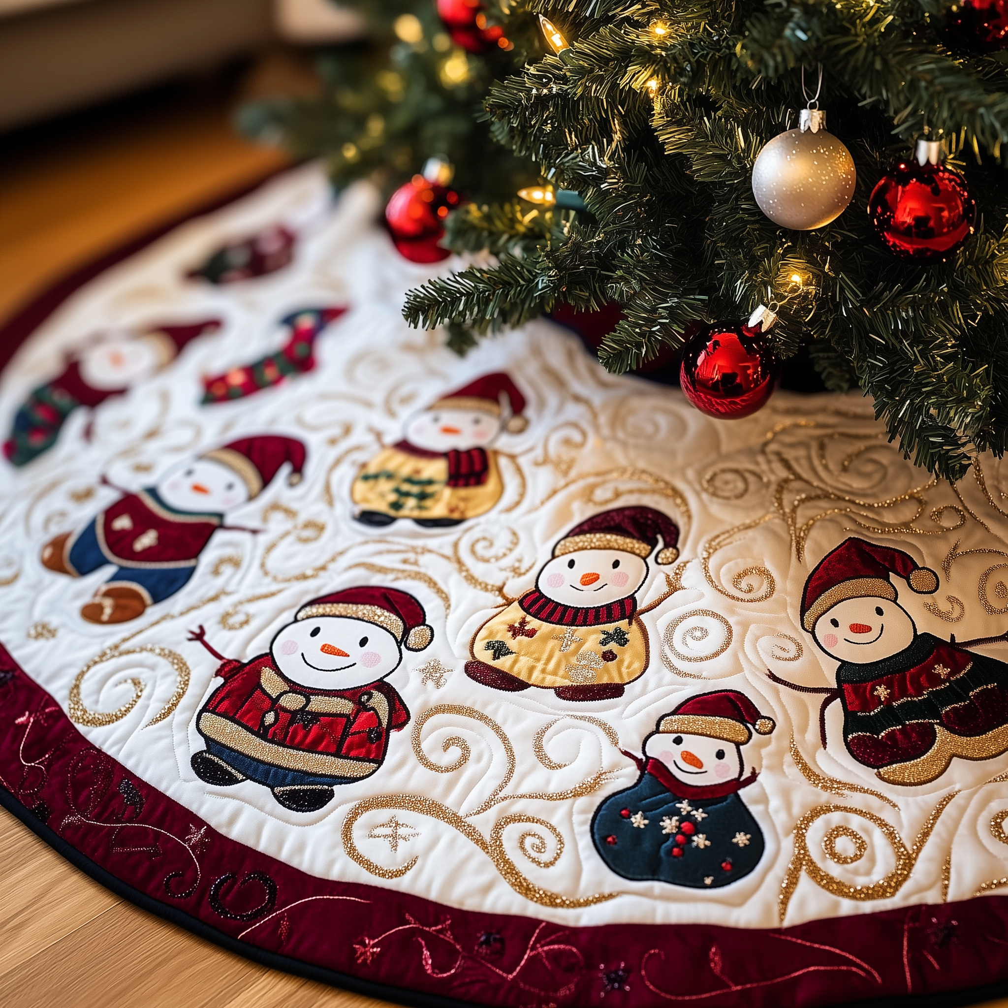 Jolly Snowman Quilted Tree Skirt Holiday Gift Merch