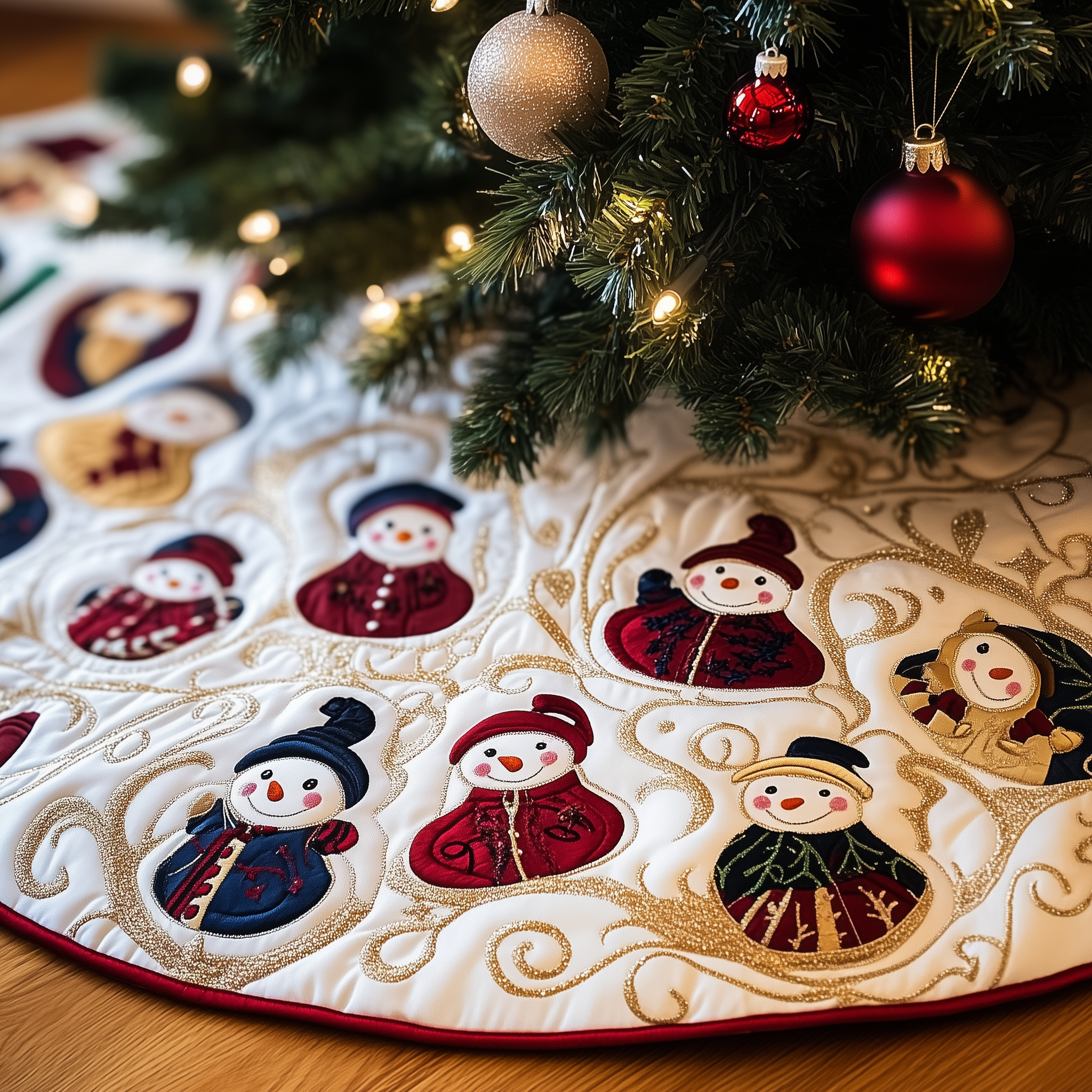 Jolly Snowman Quilted Tree Skirt  Holiday Tree Skirt Xmas Decorations Snowman Christmas Presents