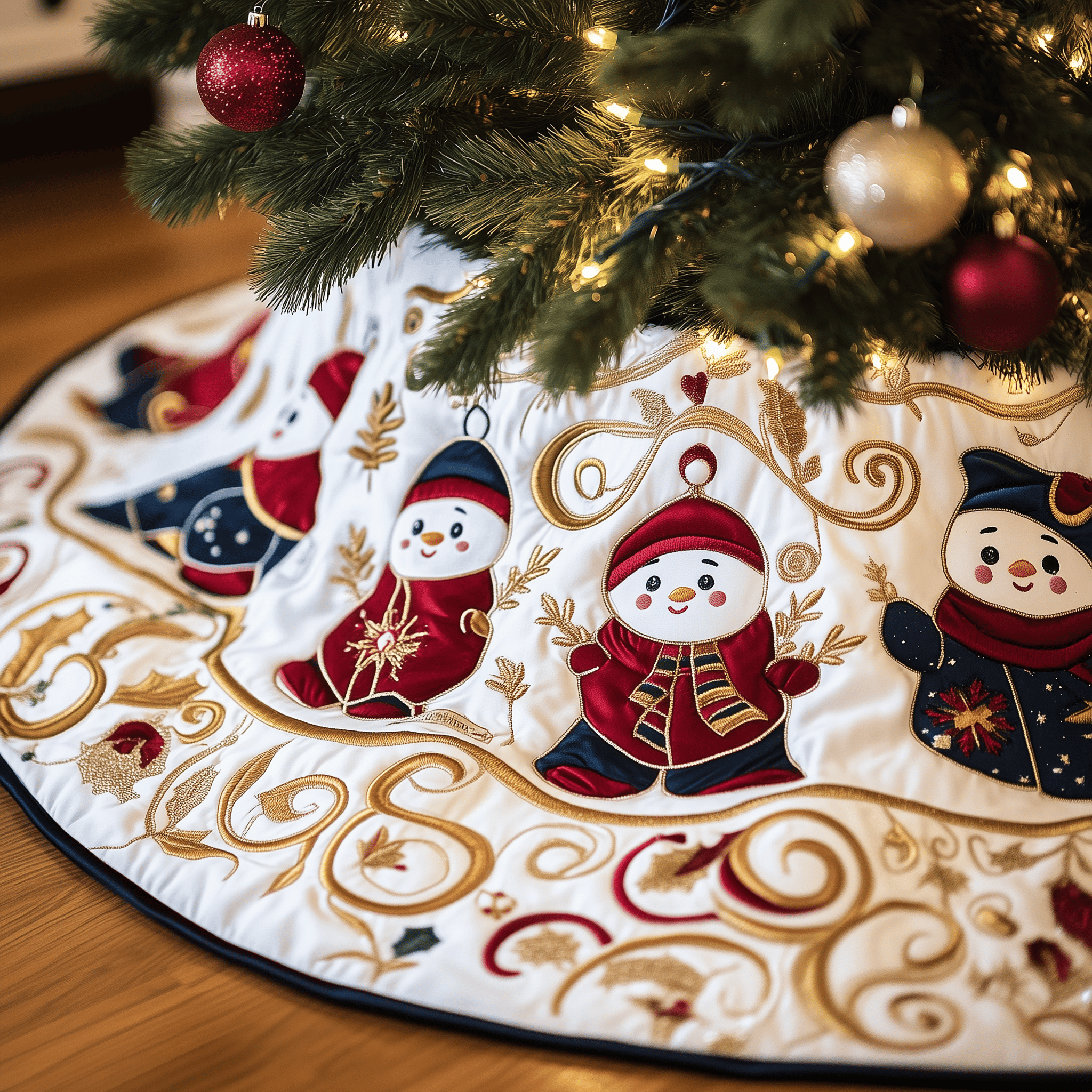 Jolly Snowman Quilted Tree Skirt  Holiday Tree Skirt Xmas Decorations Snowman Christmas Presents