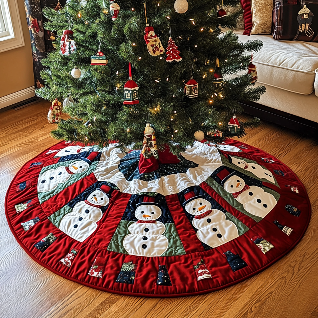 Jolly Snowmen Quilted Christmas Tree Skirt Must Have Holiday Merch for Christmas Decor