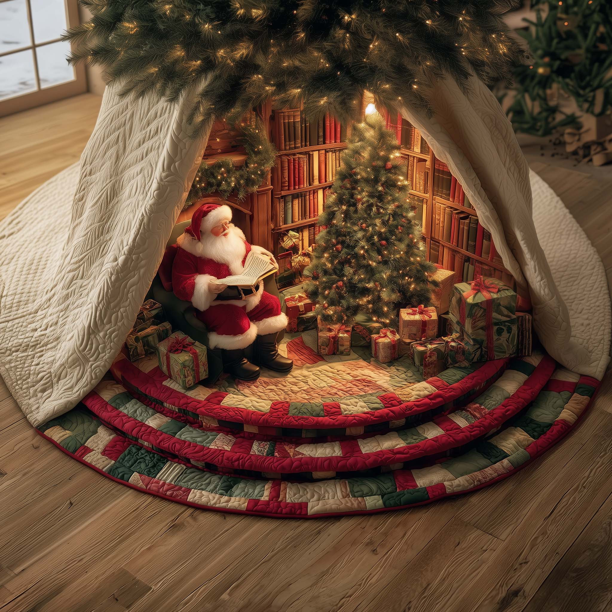 Jolly Workshop Quilted Tree Skirt Holiday Themed Aesthetic Home Decor Santa Christmas Gifts