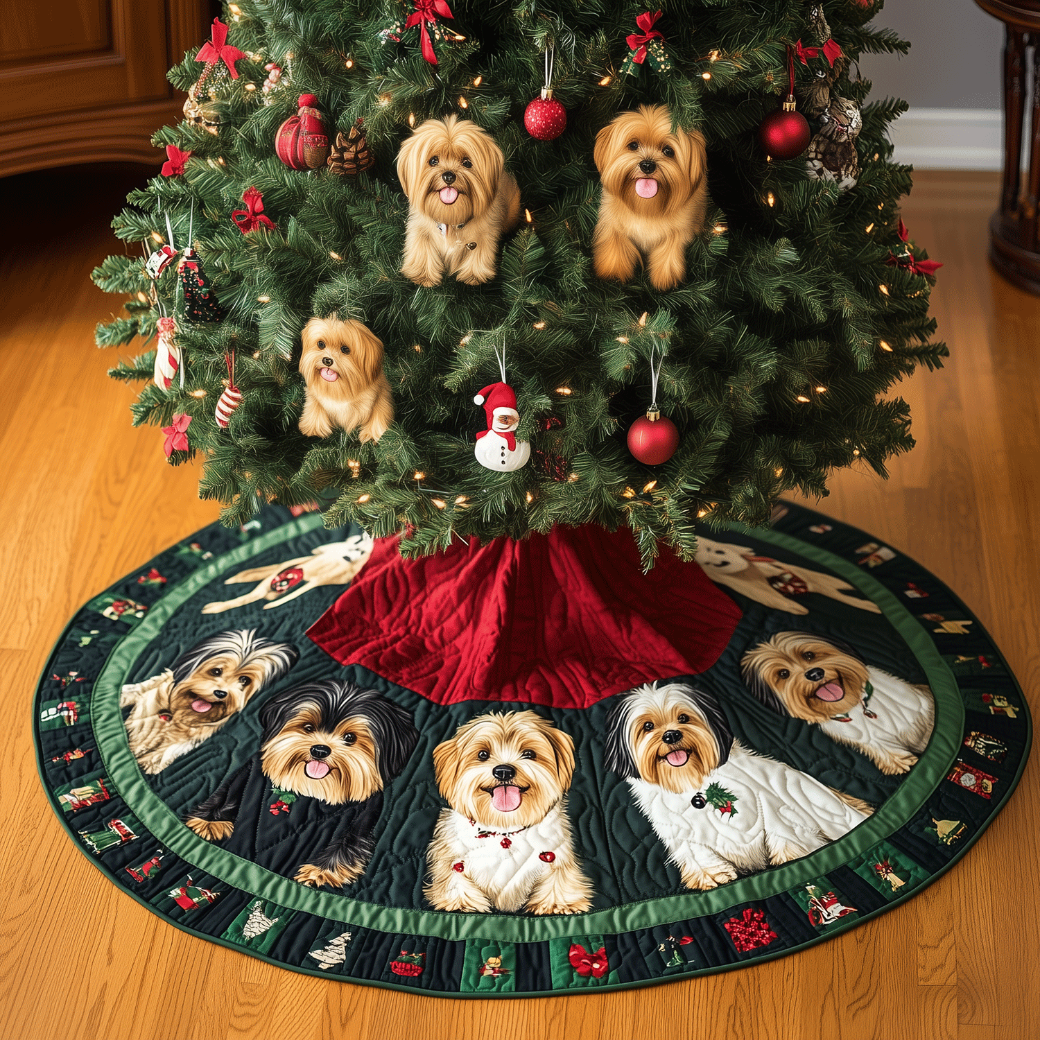 Jolly Yorkie Holiday Quilted Christmas Tree Skirt Perfect Holiday Gift for Home Decor Lovers
