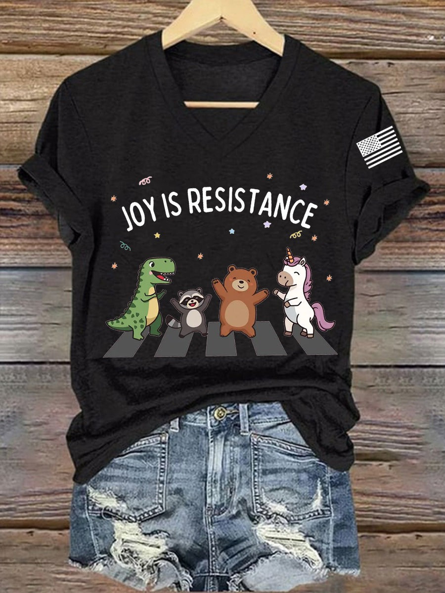 Joy Is Resistance V-Neck Shirt Cute Animals Positive Message Clothing Funny Activist Gifts