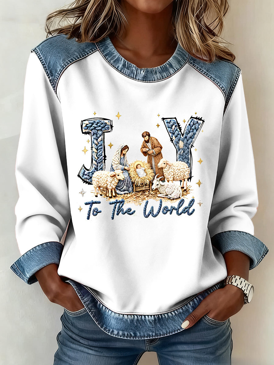 Joy To The World Jesus Denim Patchwork Long Sleeve Shirt Christian Christmas Shirt Gift For Women