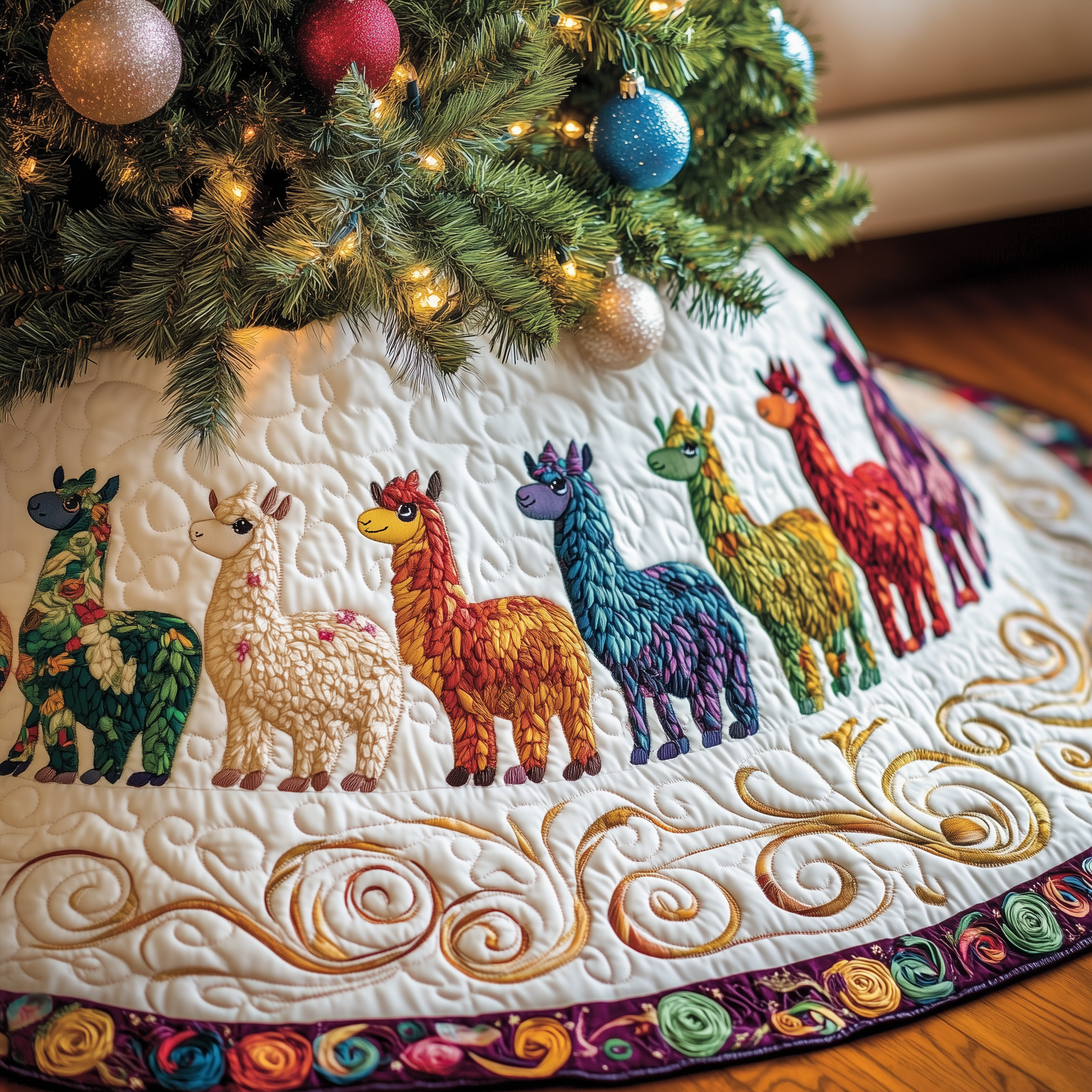 Joyful Alpaca Quilted Tree Skirt Christmas Tree Skirt Cute Gifts For Animal Lovers