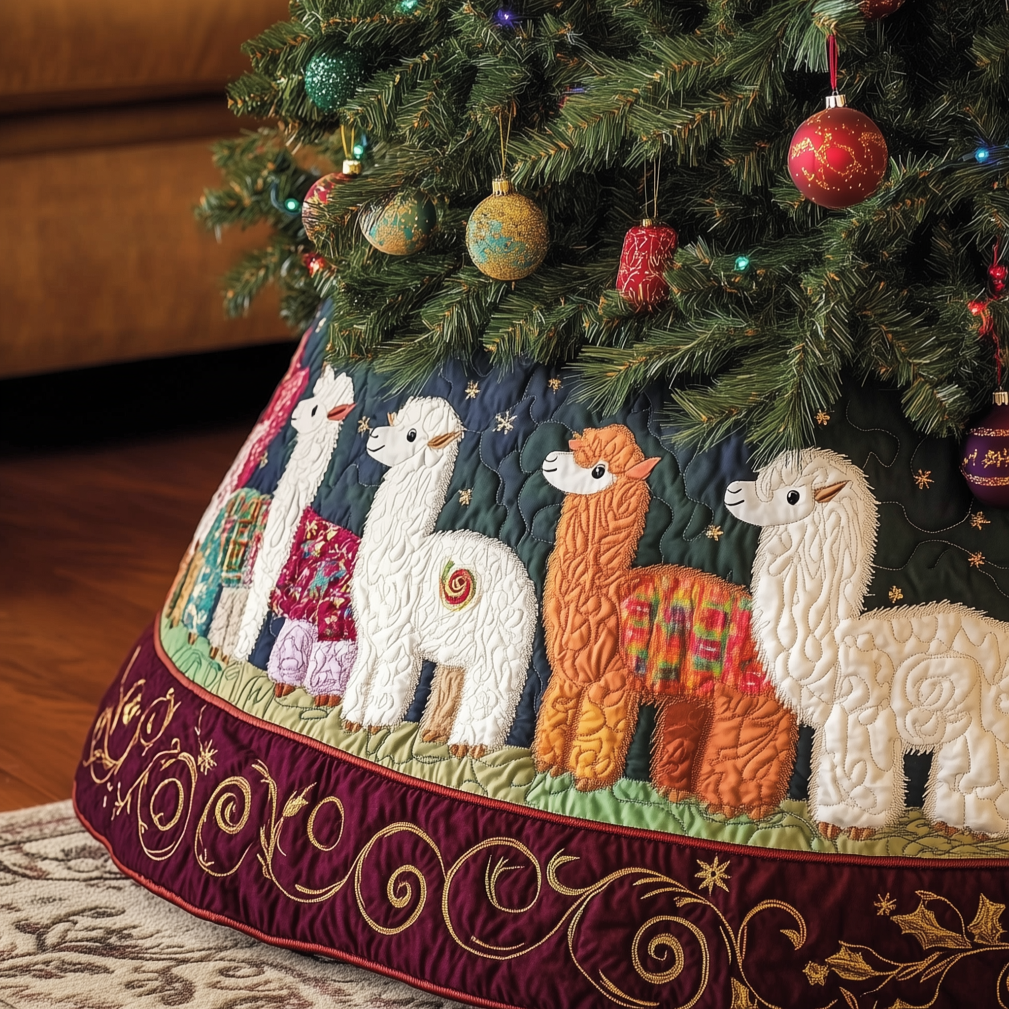 Joyful Alpaca Quilted Tree Skirt Christmas Tree Surround Secret Santa Gifts For A Woman