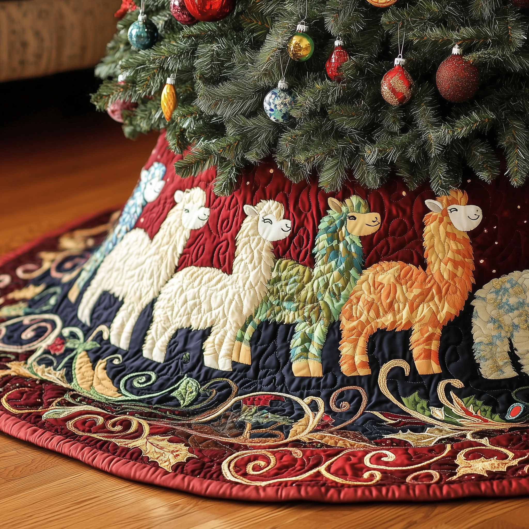 Joyful Alpaca Quilted Tree Skirt Funny Small Christmas Tree Skirt Best Christmas Gifts For New Moms