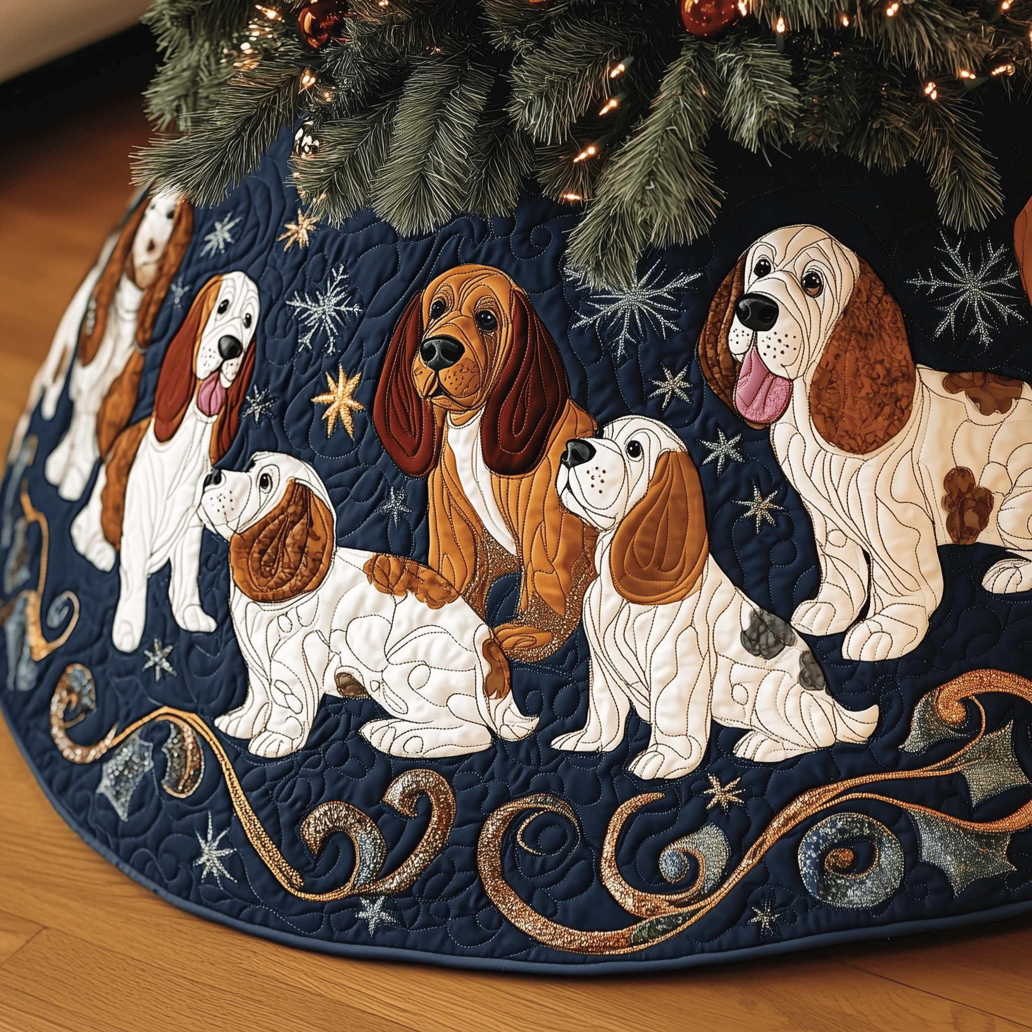 Joyful Basset Hound Quilted Tree Skirt Christmas Tree Base Cover Good Christmas Presents For Mom