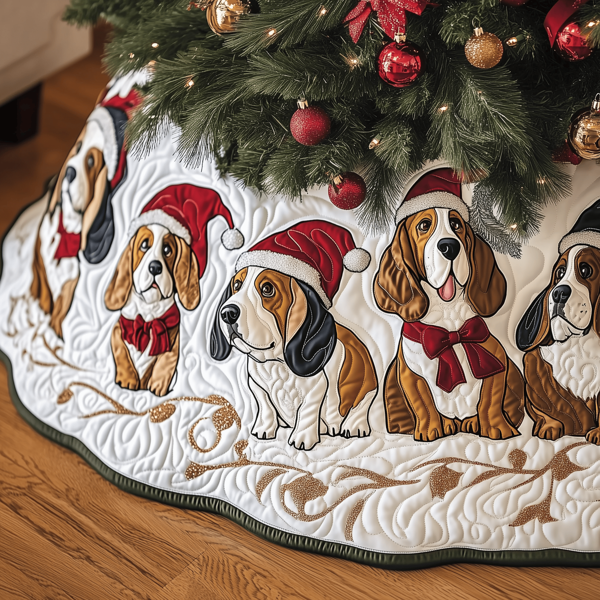 Joyful Basset Hound Quilted Tree Skirt Ideas For Family Christmas Gift Basket