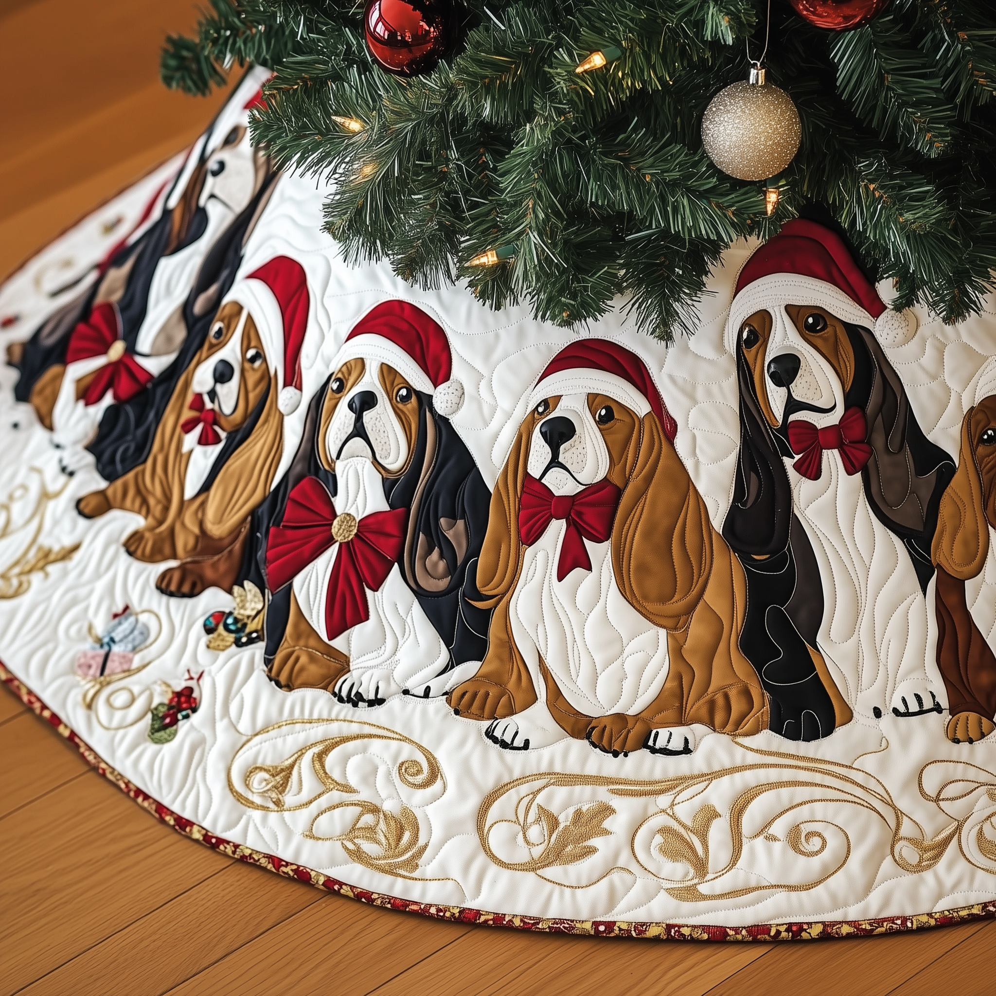 Joyful Basset Hound Quilted Tree Skirt Lovely Gift Merch For Couples