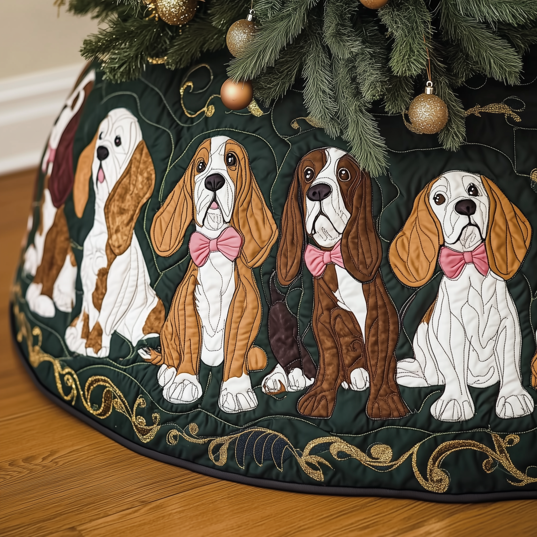 Joyful Basset Hound Quilted Tree Skirt Warm Gift Merch For Family