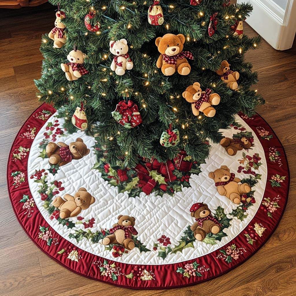 Joyful Bear Ring Christmas Quilted Tree Skirt Xmas Tree Base Cover Romantic Christmas Gifts For Wife