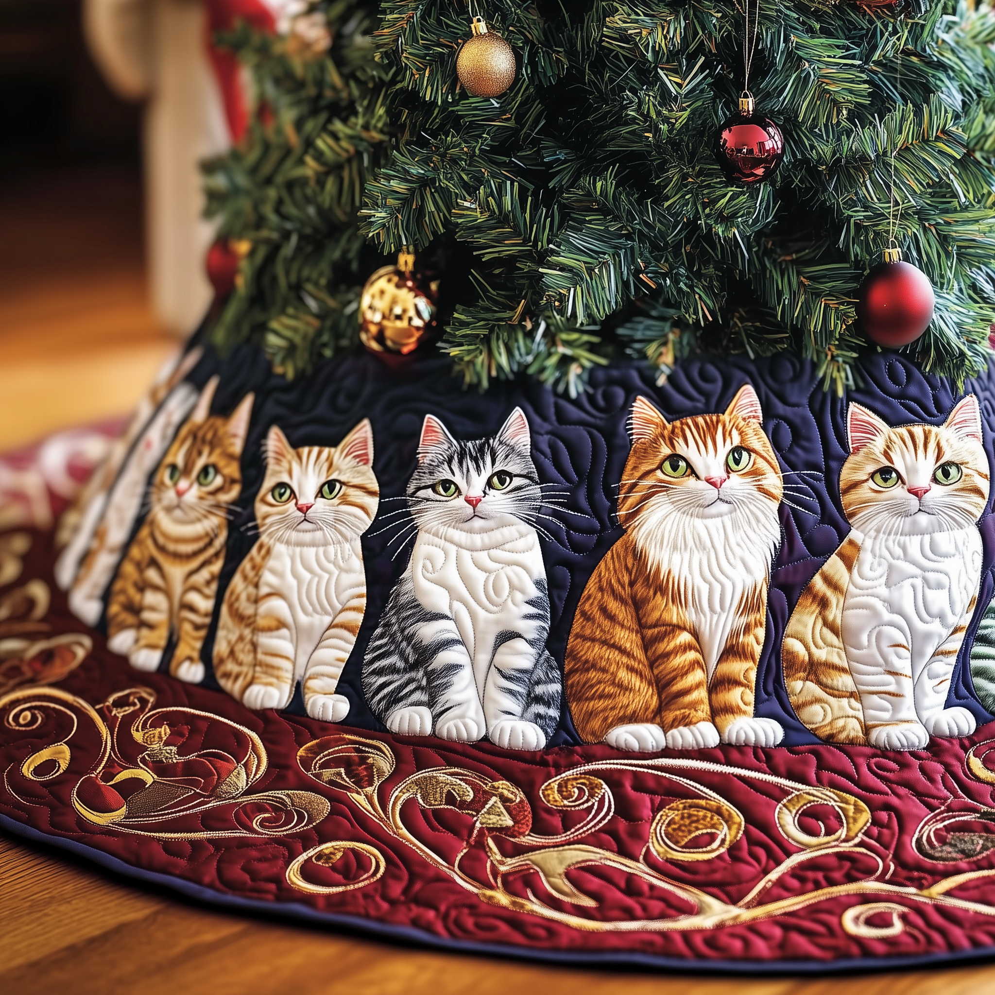 Joyful Cat Quilted Tree Skirt Best Cat Christmas Decorations Kitten Present Ideas