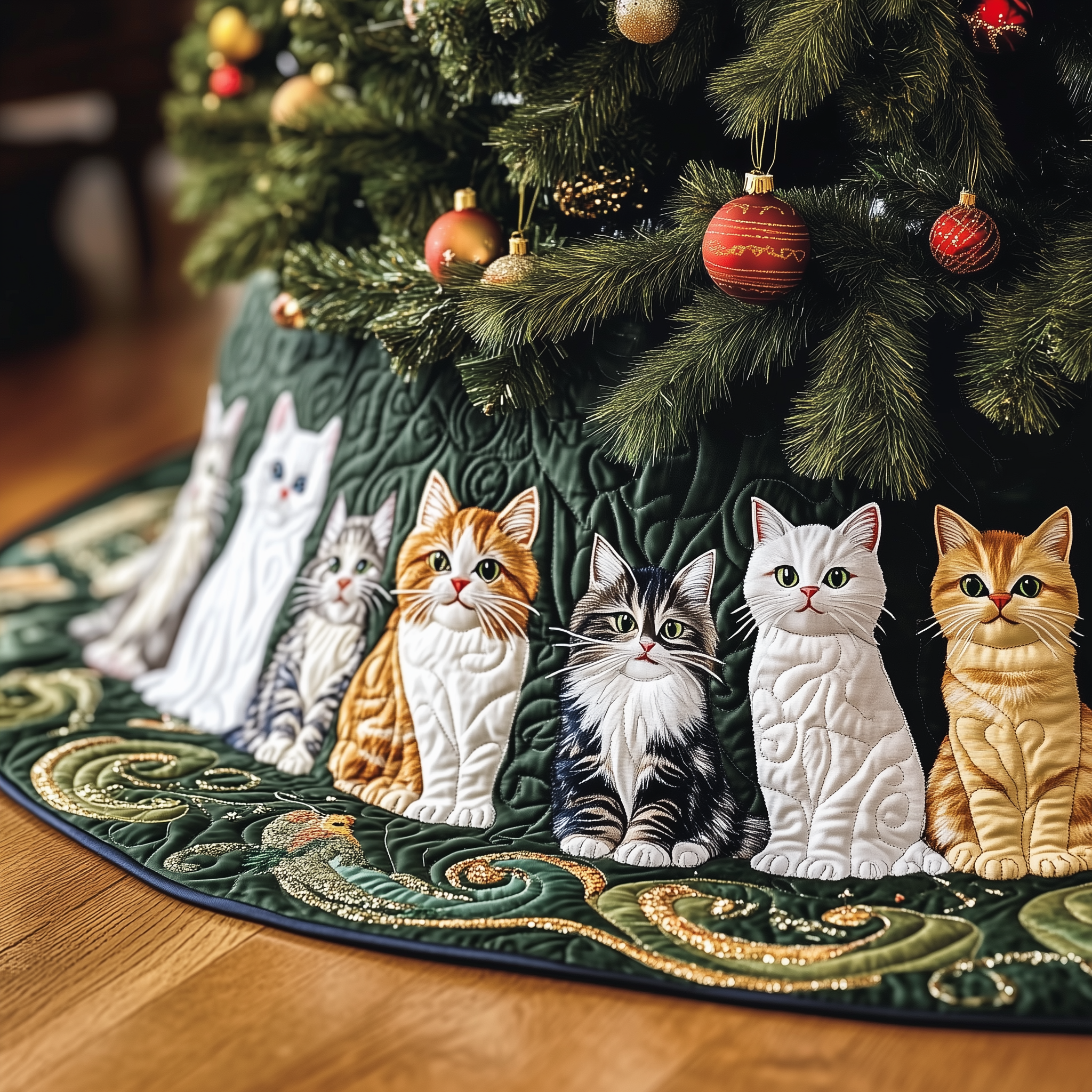 Joyful Cat Quilted Tree Skirt Charming Tree Skirt Gift Idea