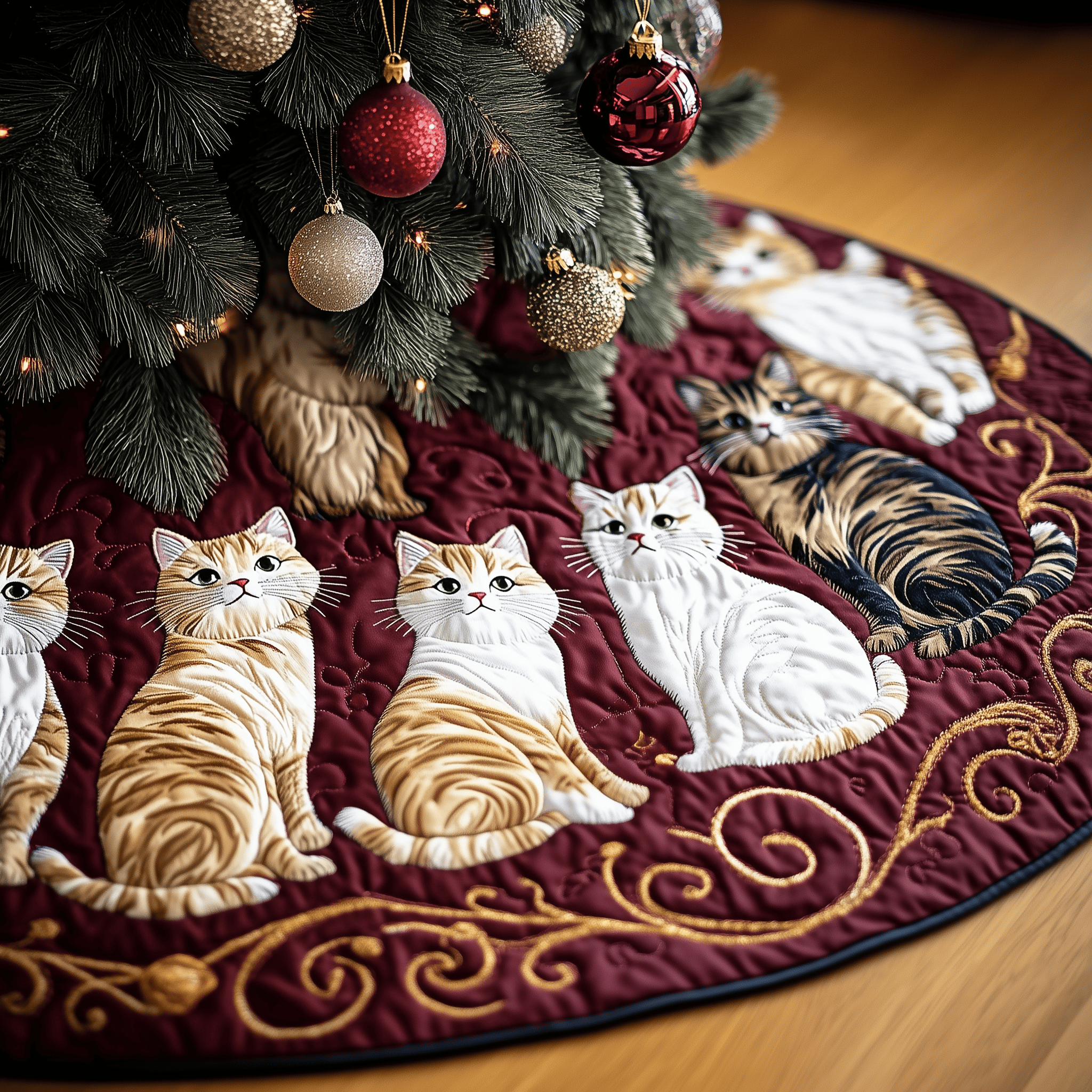Joyful Cat Quilted Tree Skirt Christmas Tree Bottom Cover Christmas Gifts For Siblings
