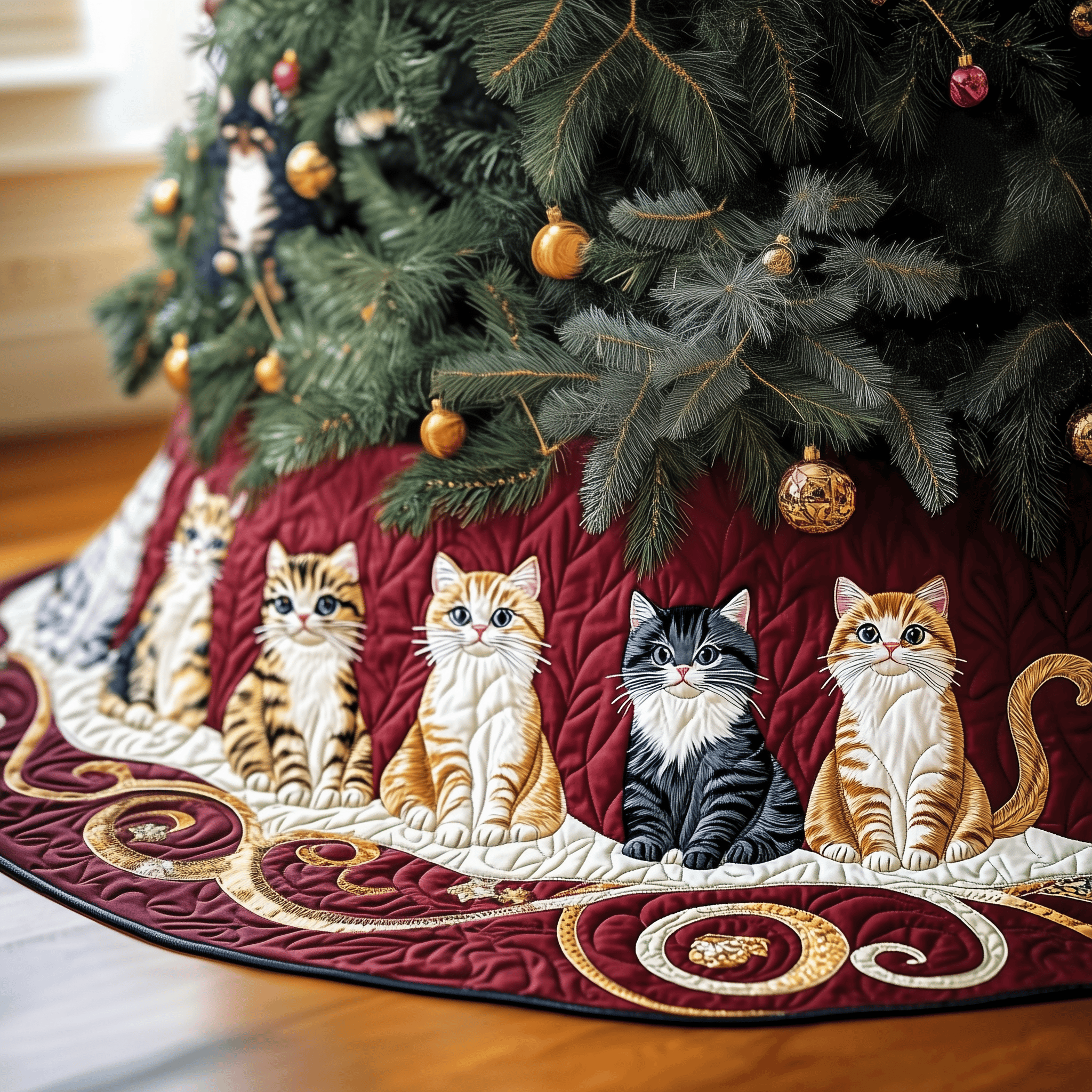 Joyful Cat Quilted Tree Skirt Christmas Tree Skirt Cat Gifts For Cat Lovers