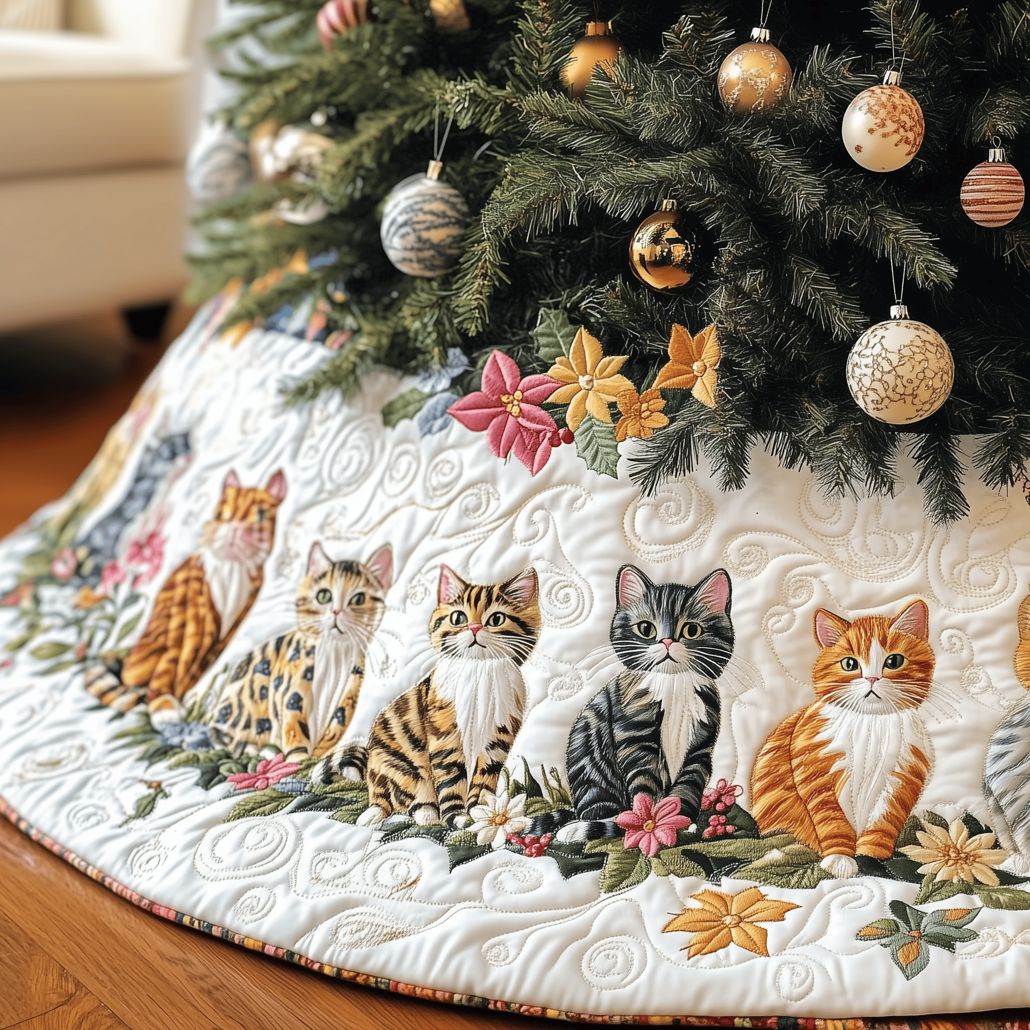 Joyful Cat Quilted Tree Skirt Christmas Tree Skirt Gifts For Mom And Dad Christmas