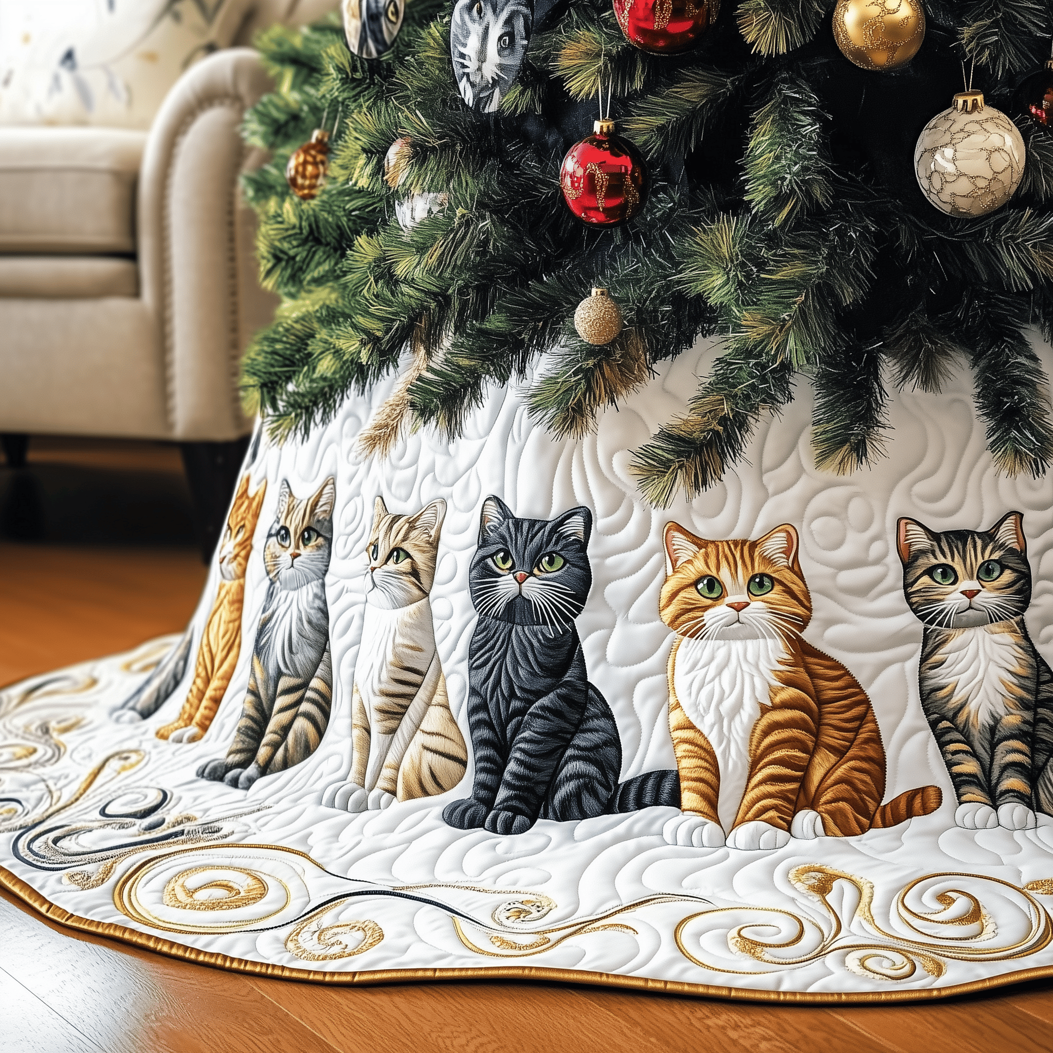 Joyful Cat Quilted Tree Skirt Christmas Tree Skirt Unique Gifts For Cat Lovers