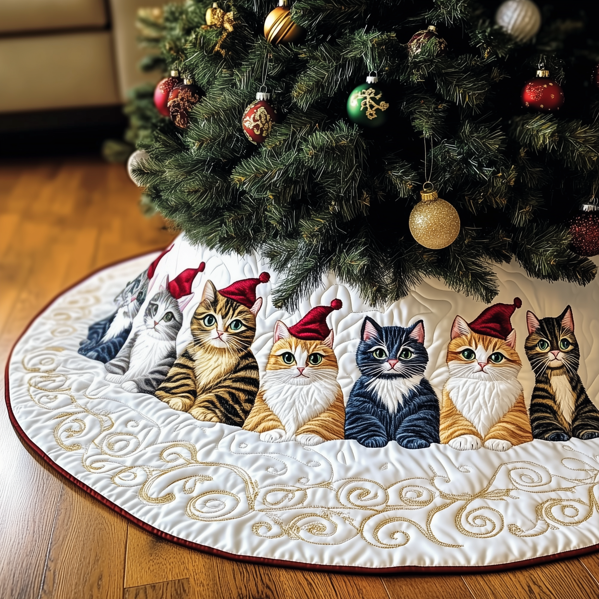 Joyful Cat Quilted Tree Skirt Magical Christmas Spirit Merch