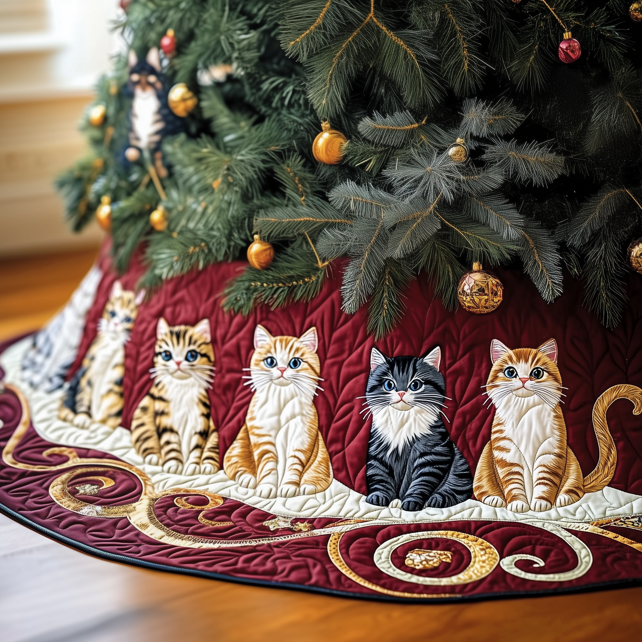 Joyful Cat Quilted Tree Skirt Perfect Tree Skirt Decoration Merch