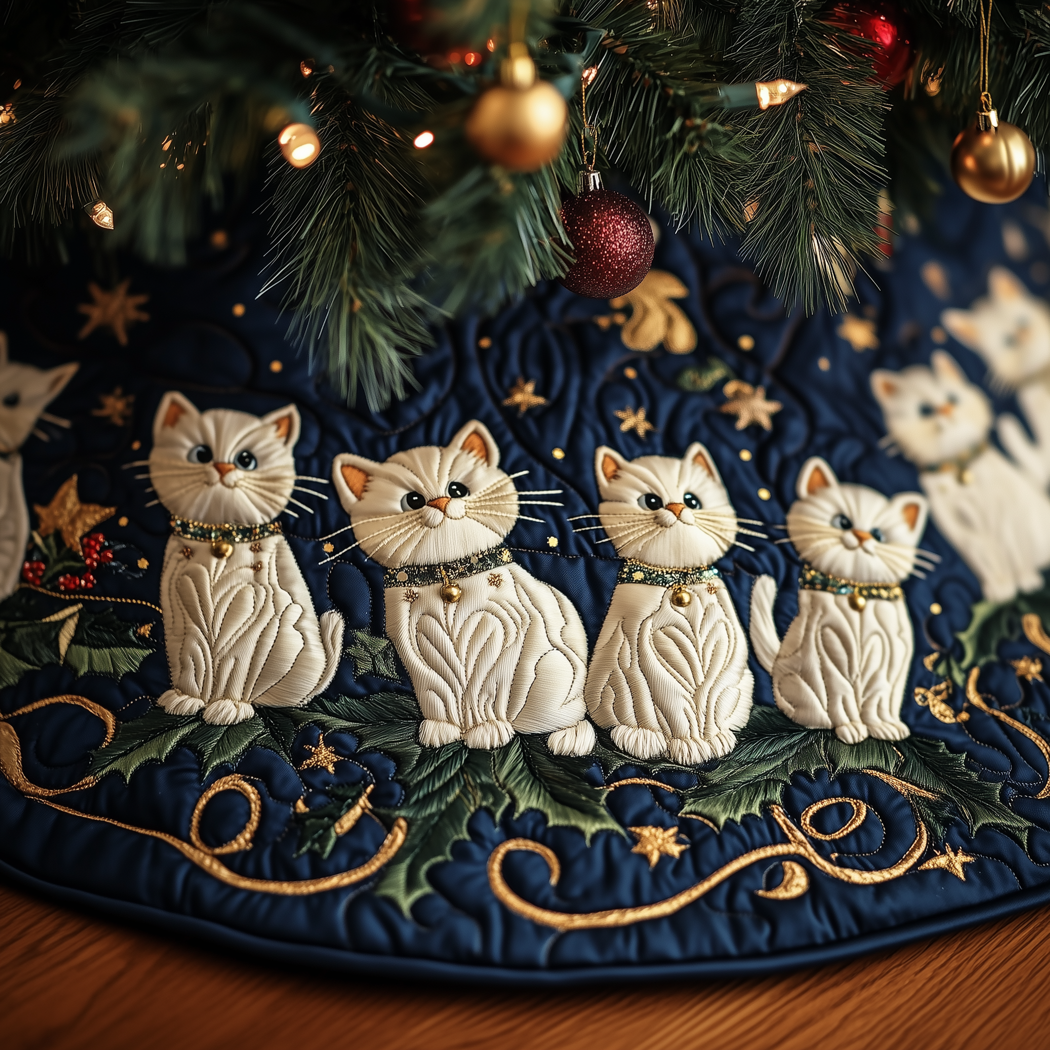 Joyful Cat Quilted Tree Skirt Stylish Holiday Decor Gift Merch